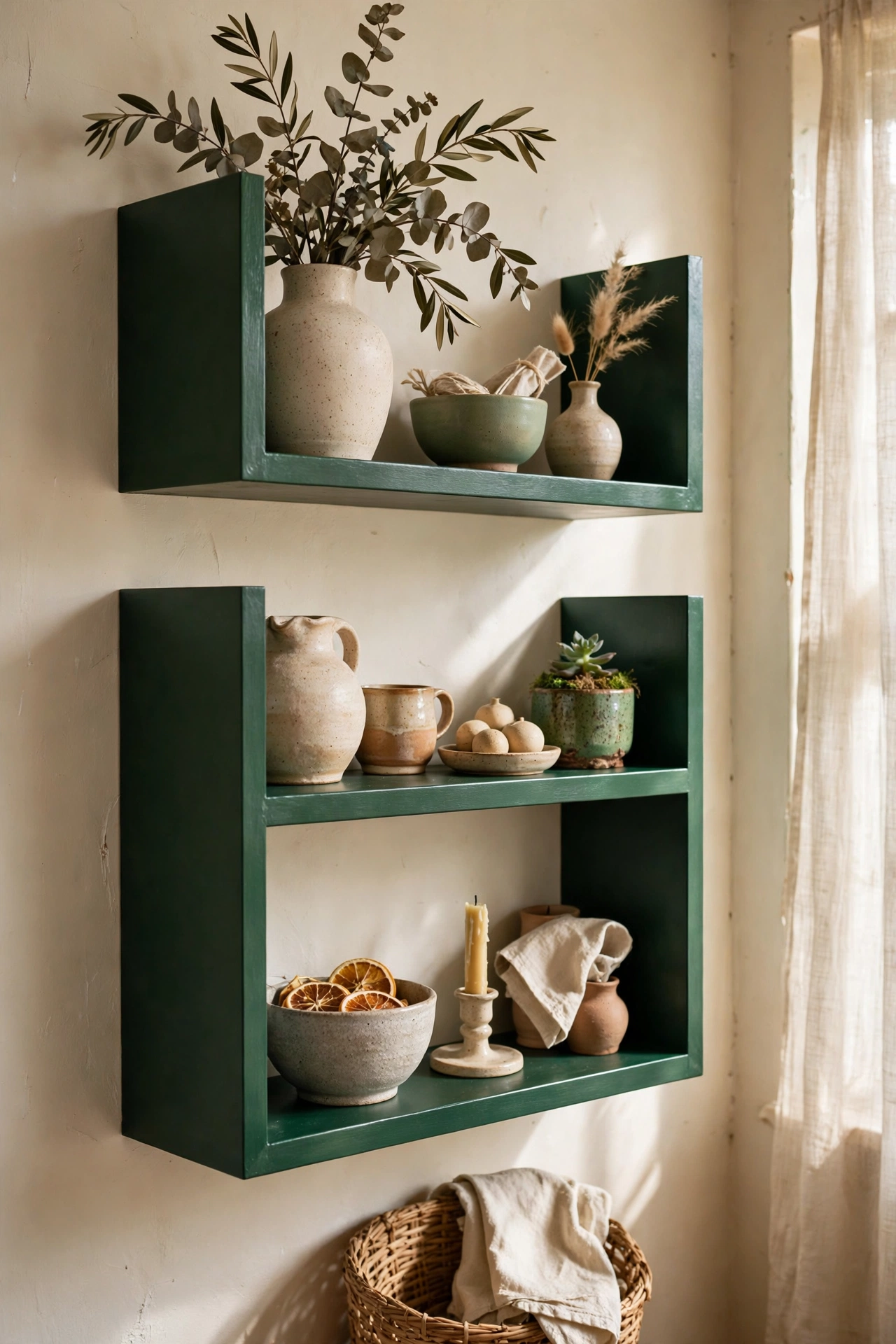 Deep green satin-painted MDF floating box shelves