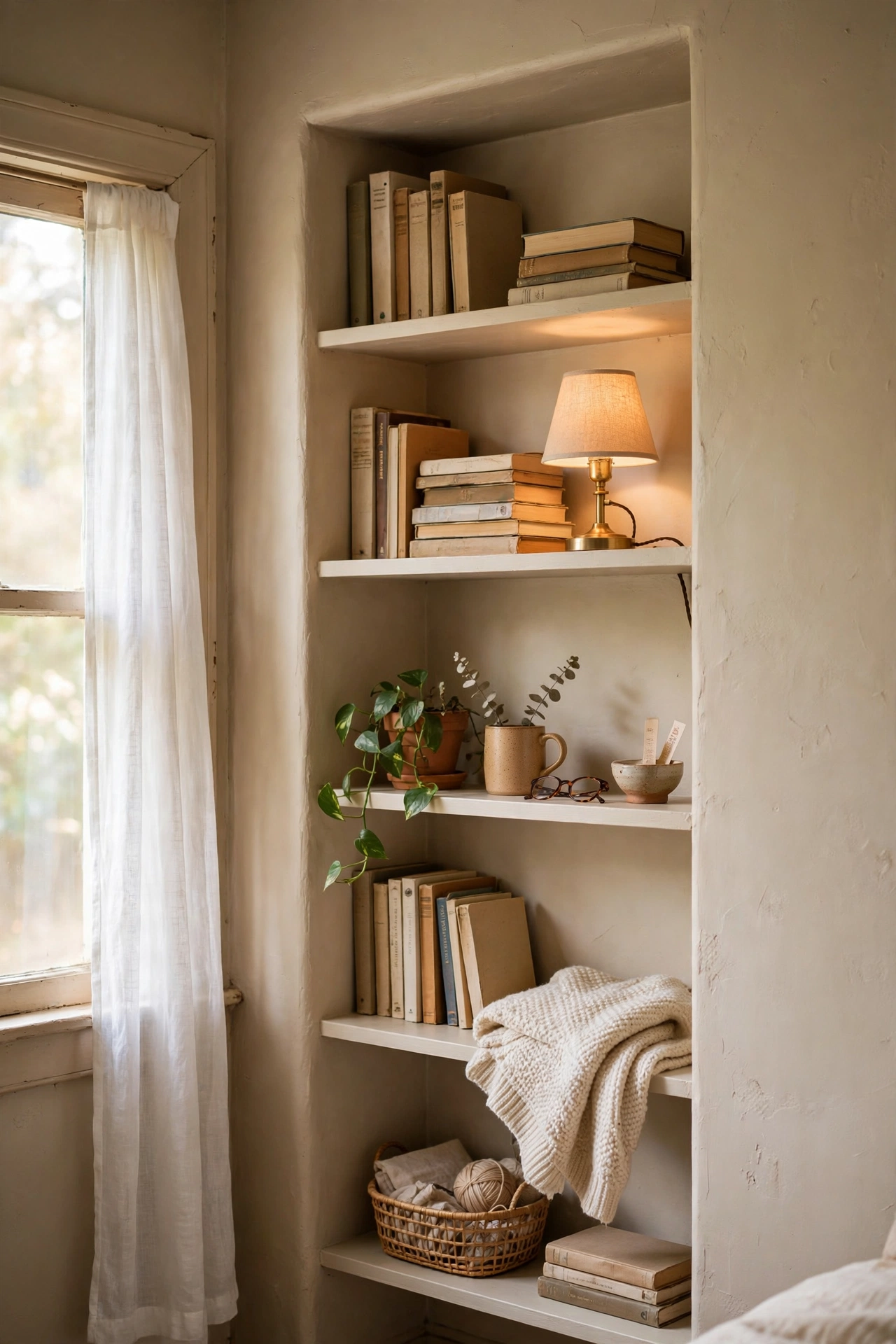 Bedroom alcove fitted with custom pine shelves and books