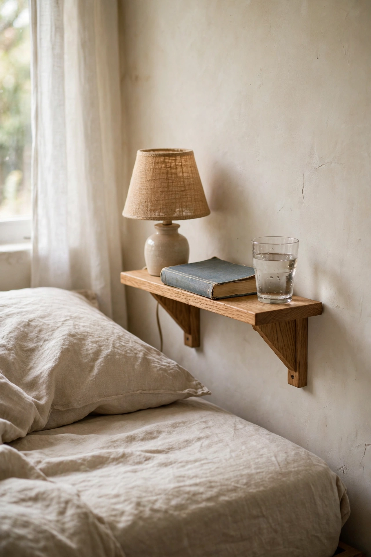 Small oak wall shelf as nightstand beside a bed
