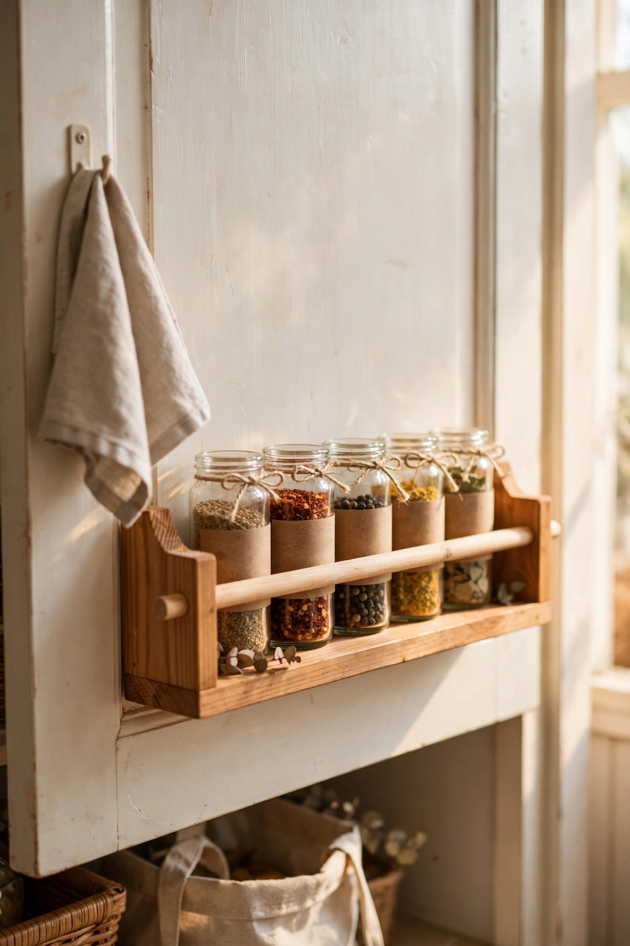 Narrow pine spice rack shelf with dowel rail inside pantry door