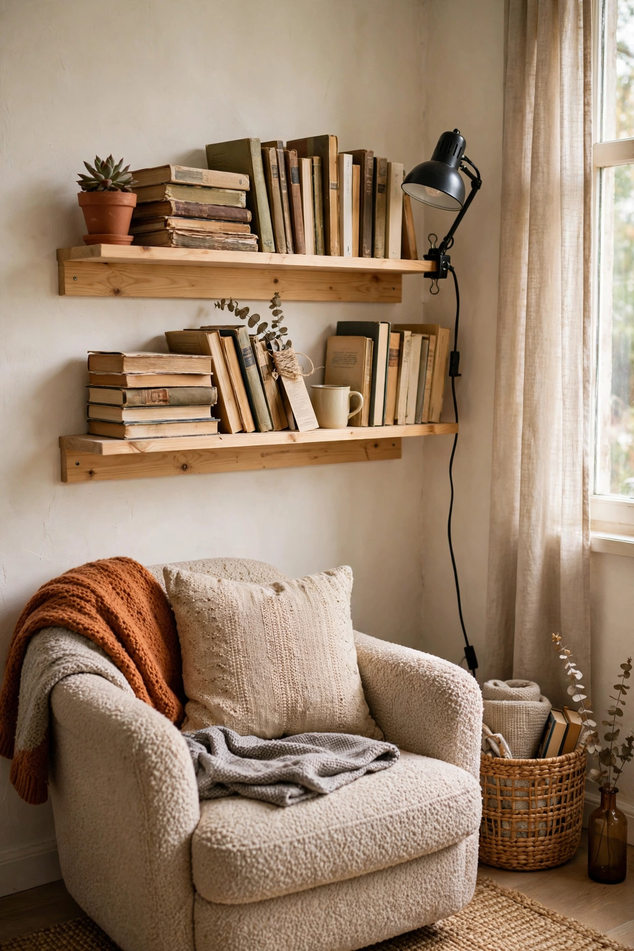 Two pine shelves above a reading chair forming a library corner