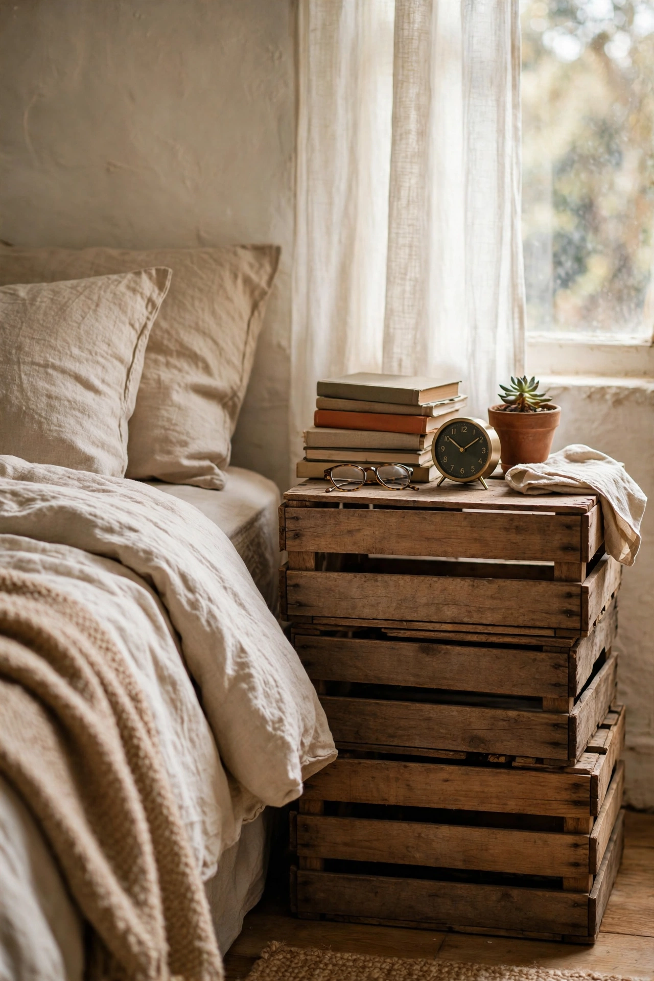 Stacked wooden crates used as a rustic bedside table with books inside