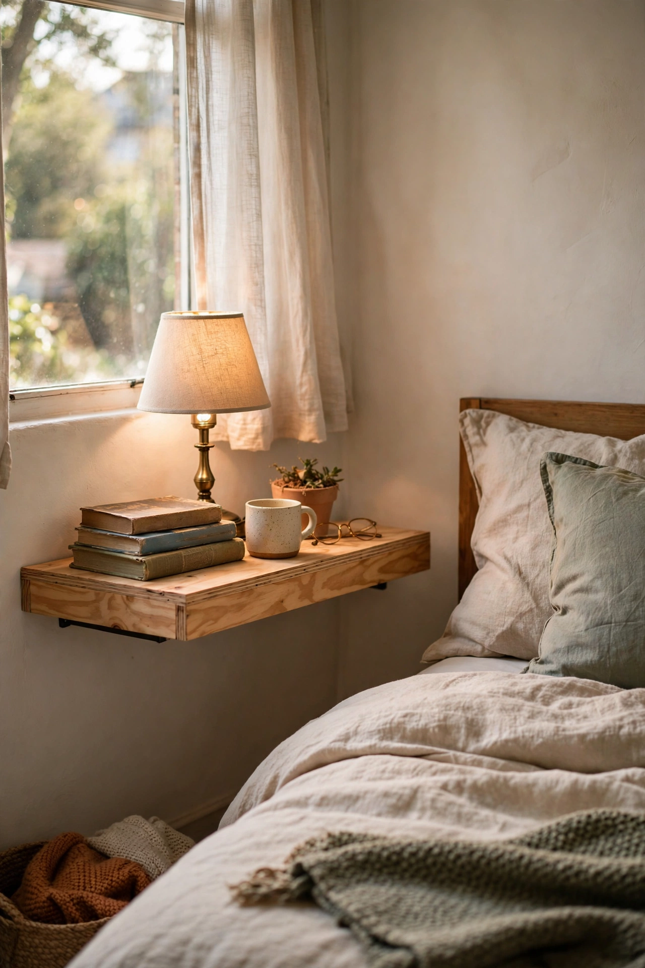 Floating oak shelf nightstand mounted on bedroom wall beside bed