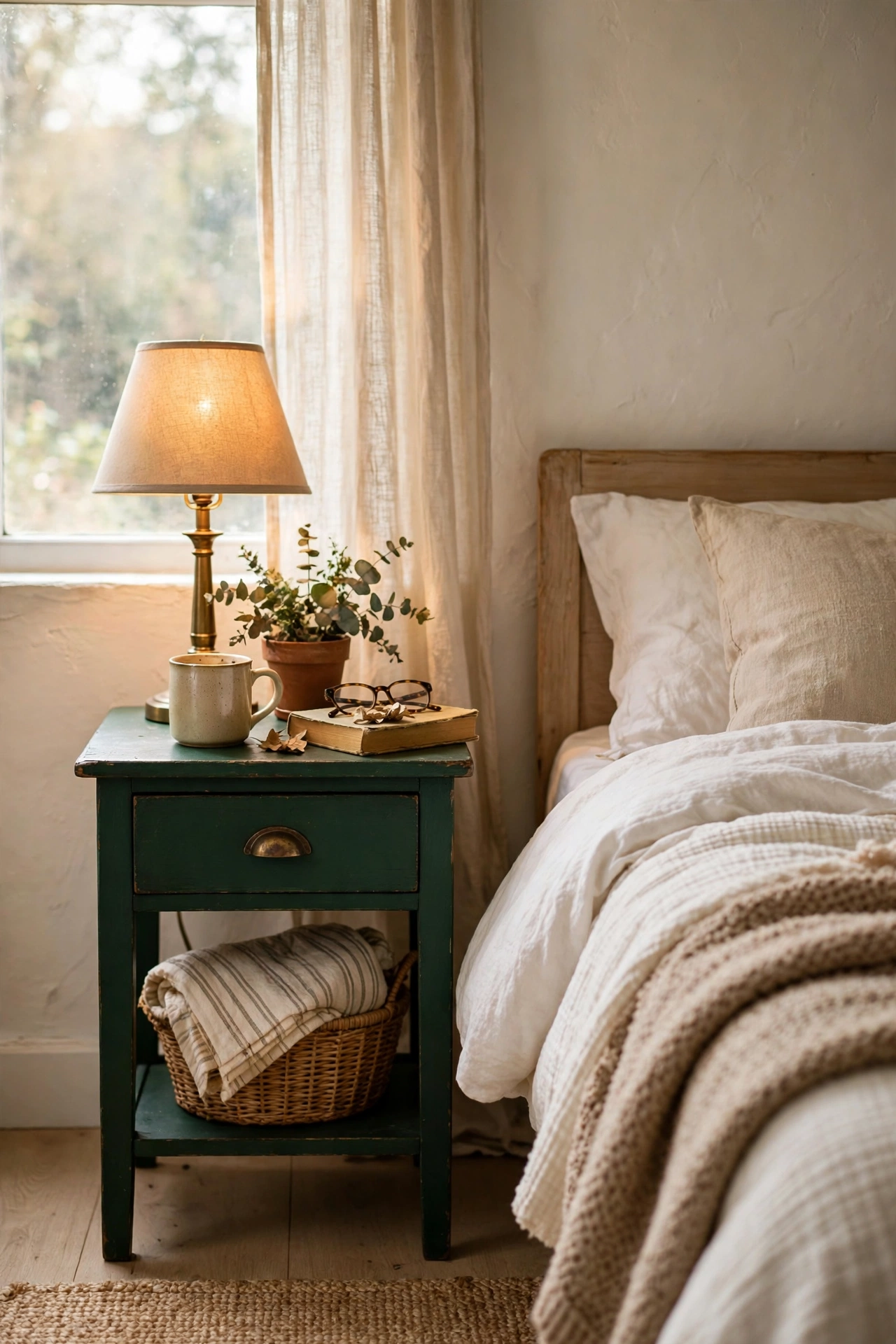 Thrifted side table painted deep forest green beside a bed