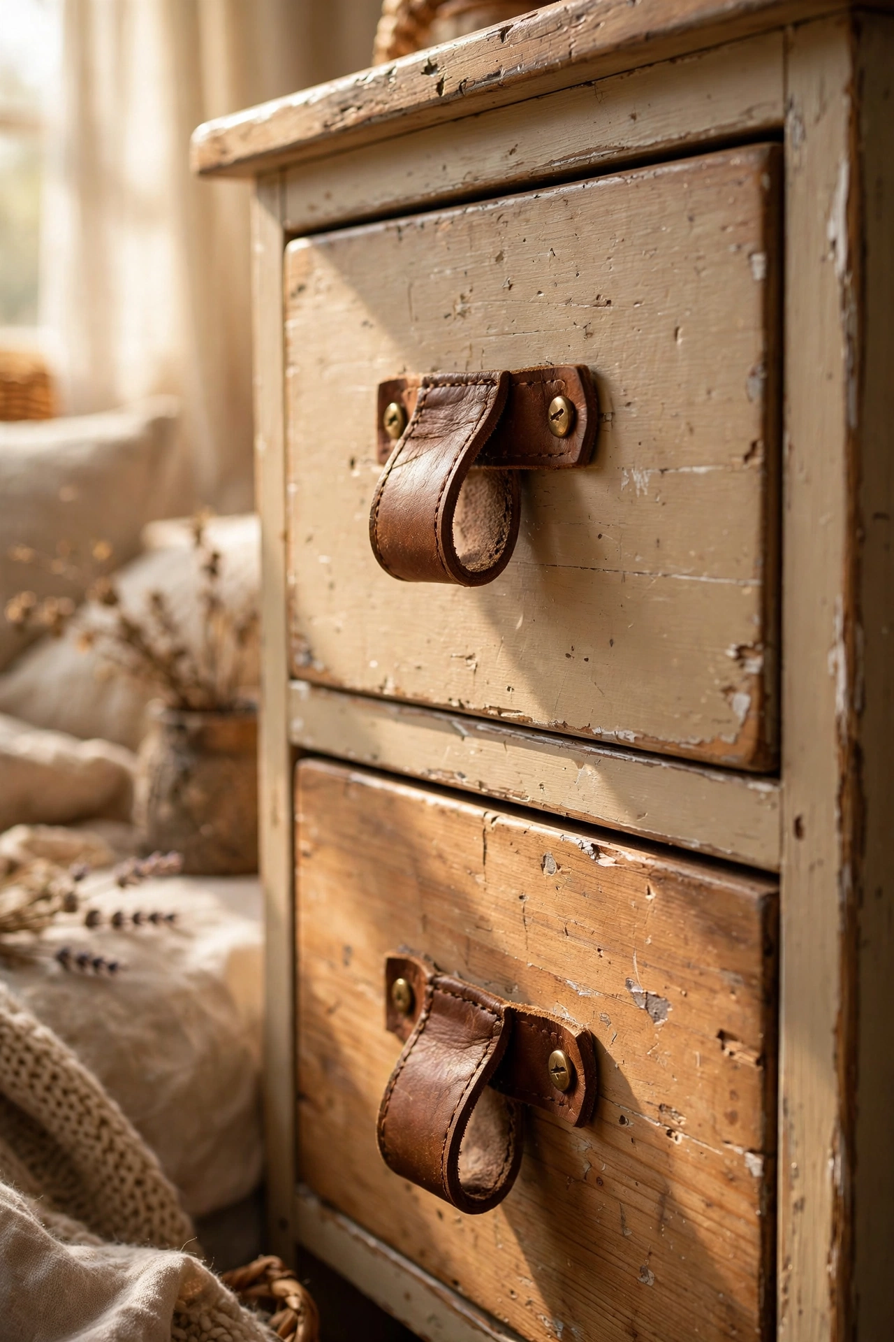Nightstand drawer with leather belt loop pulls and brass screws
