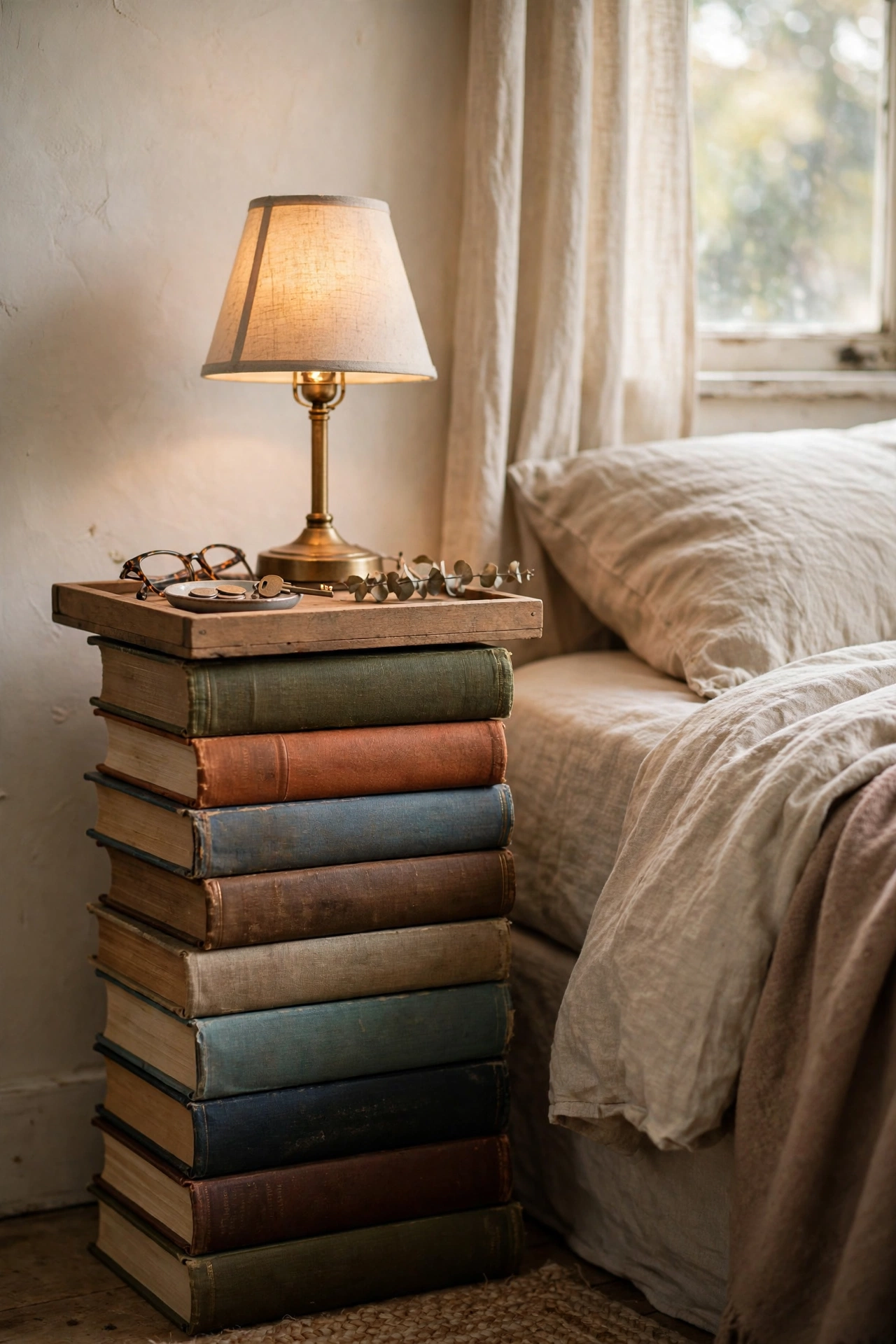 Stacked hardback books forming a nightstand with wooden tray on top