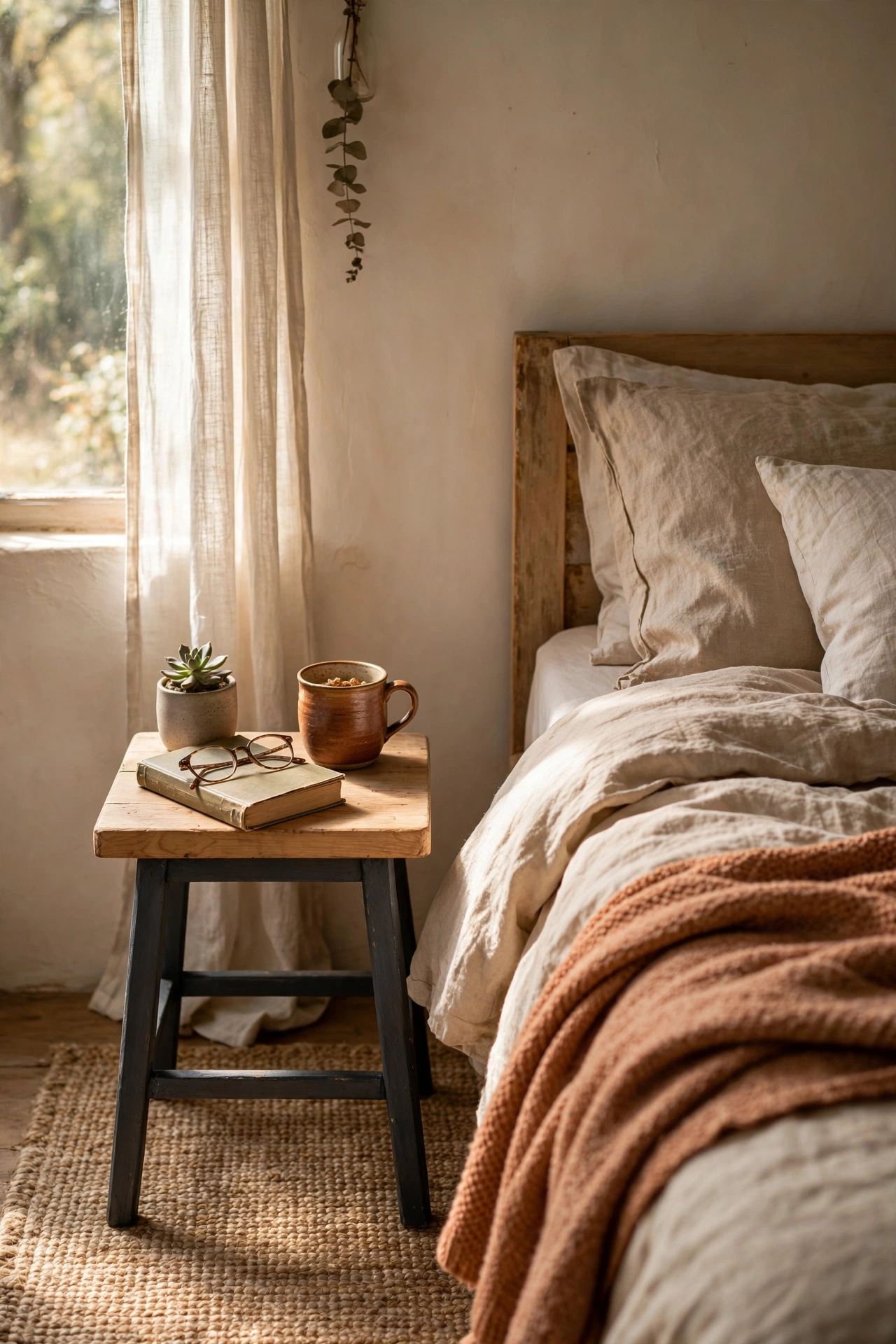 Wooden stool painted charcoal used as a bedside table