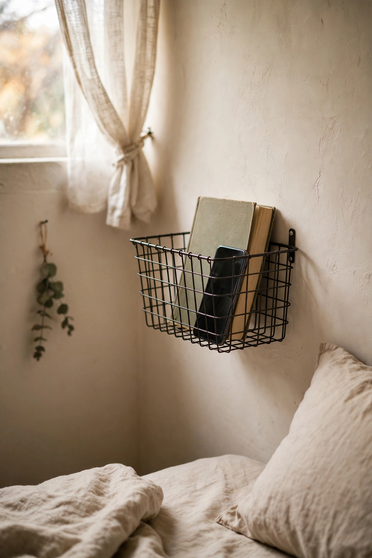 Wire basket mounted on bedroom wall as a hanging bedside shelf