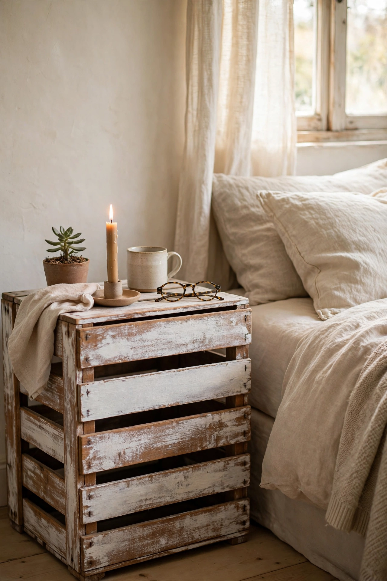 Vintage wooden crate with chalk paint used as a farmhouse nightstand