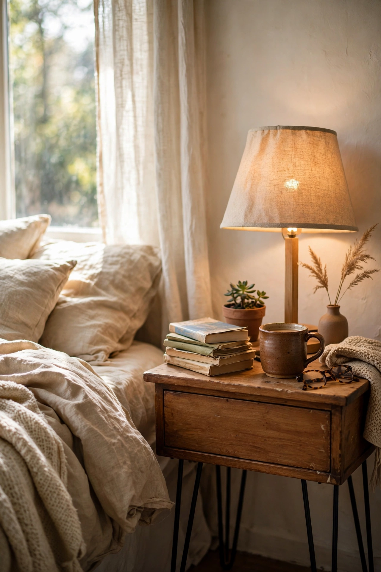 Butcher block top nightstand on black hairpin legs beside a bed