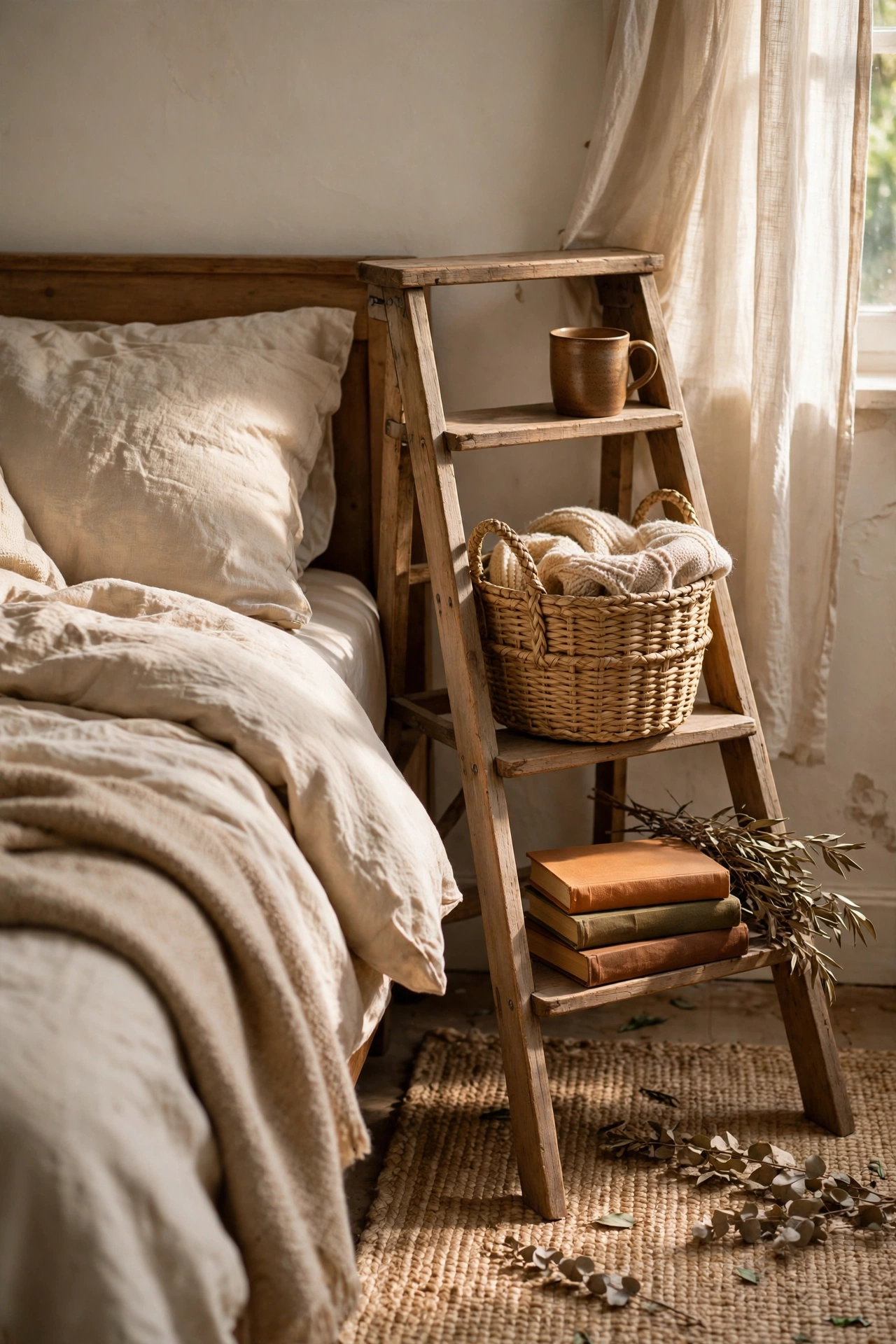 Small wooden ladder used as a tiered bedside shelf with books