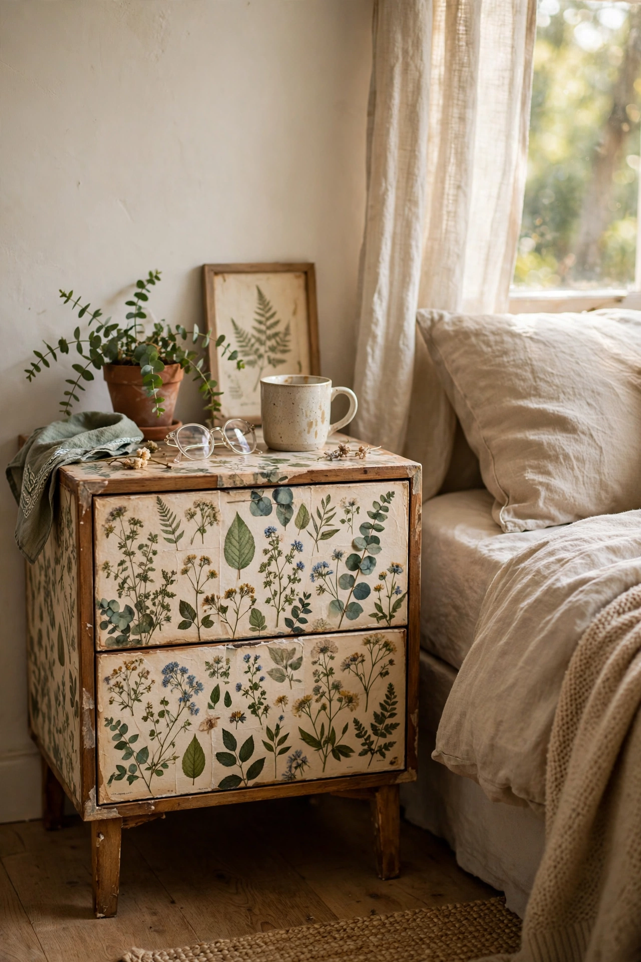 Nightstand drawers covered in botanical decoupage paper