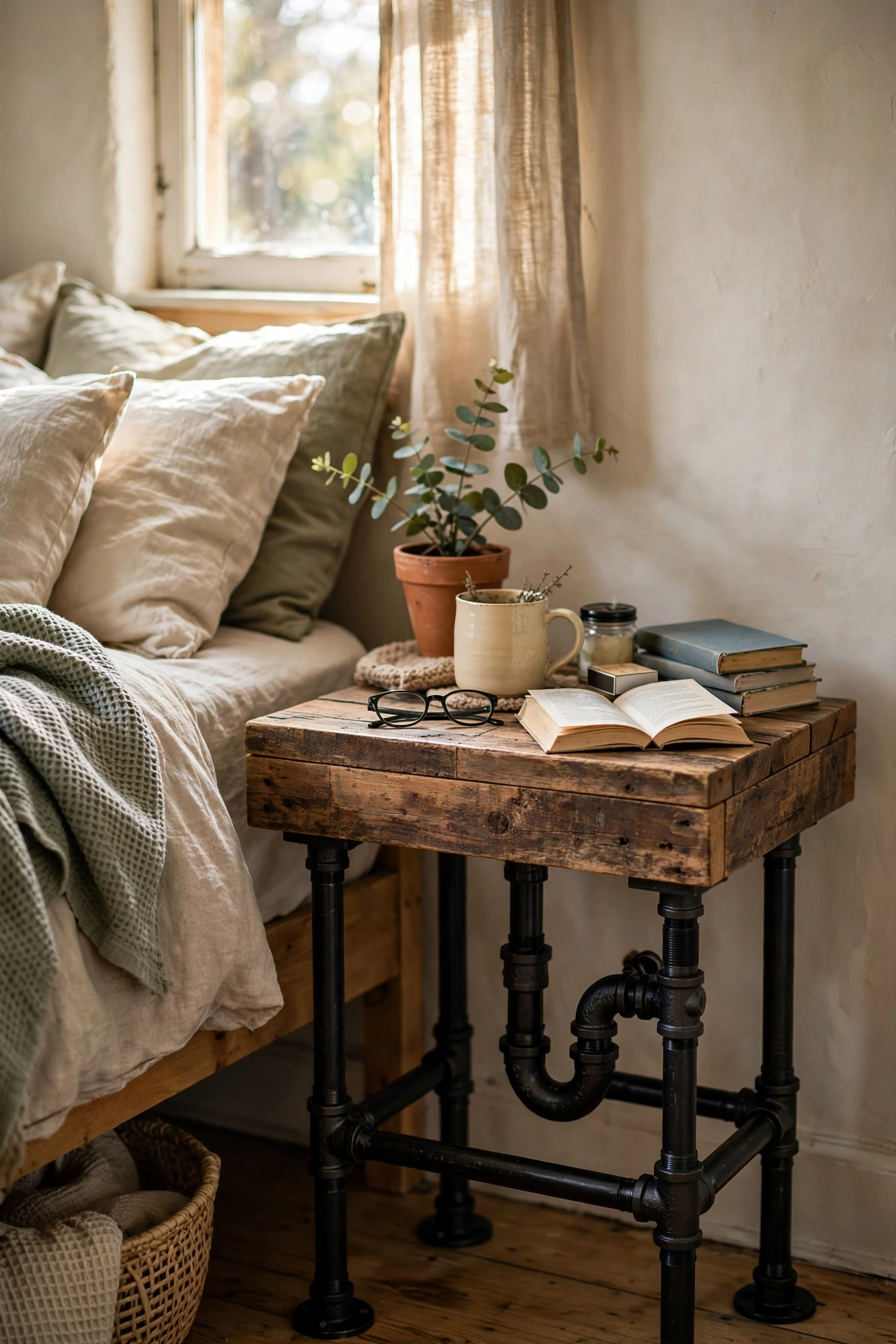 Industrial nightstand with black pipe legs and reclaimed wood top