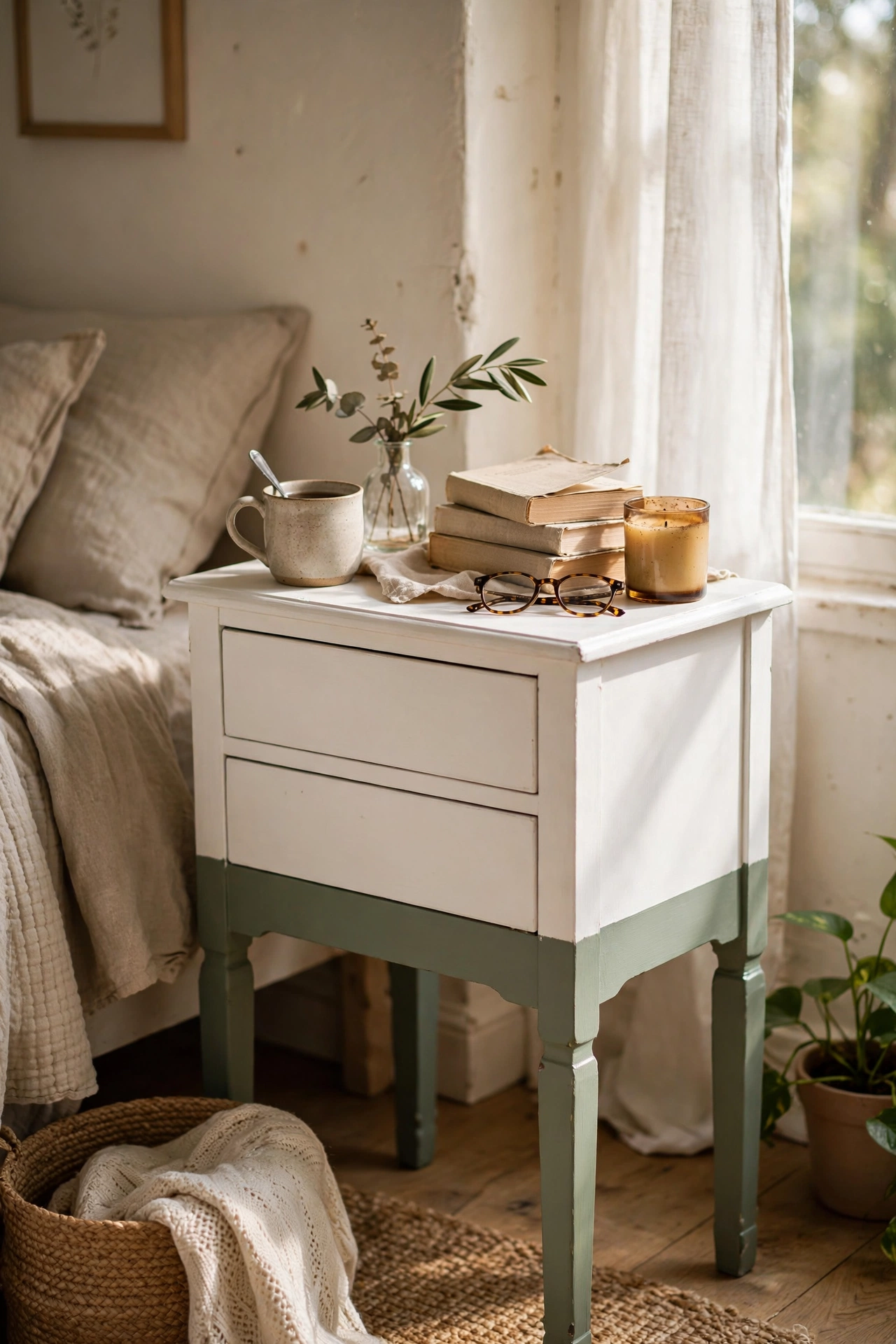 White nightstand with sage green paint-dipped lower legs