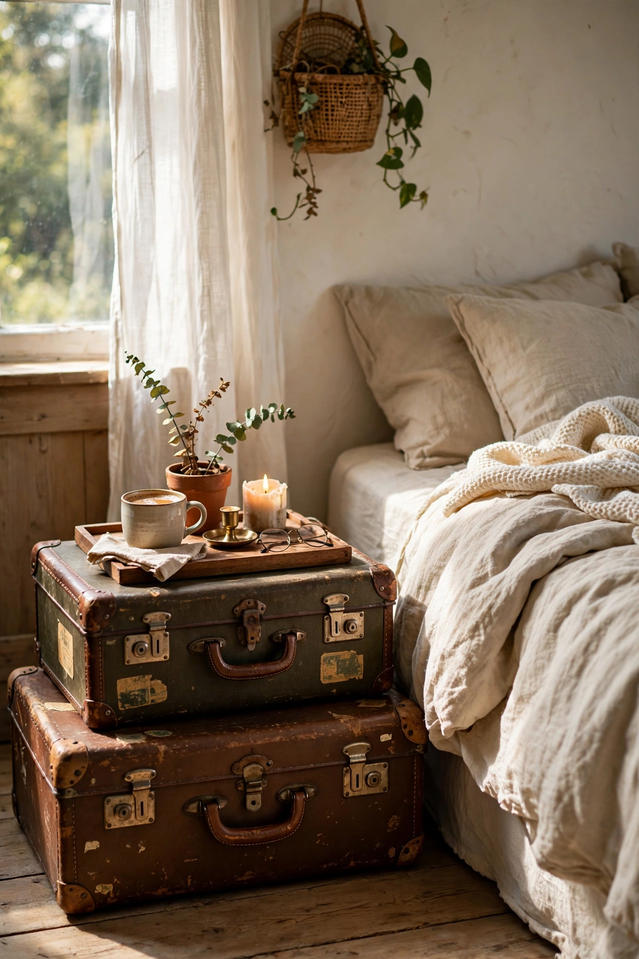 Two vintage suitcases stacked as a nightstand beside a bed