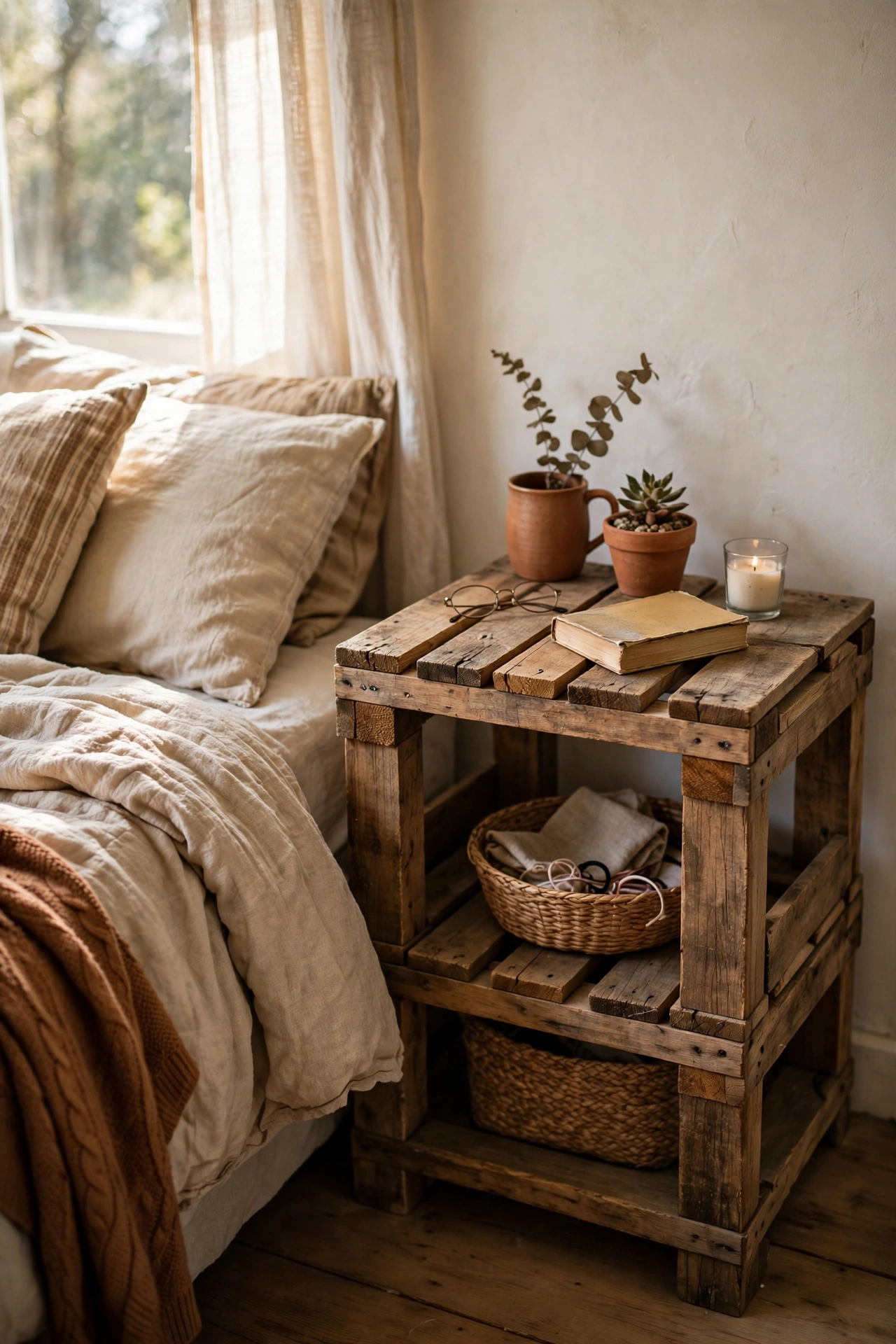 Rustic pallet wood box nightstand with a middle shelf