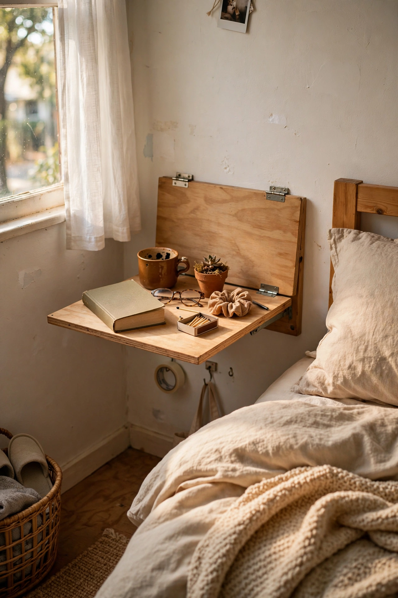 Fold-down hinged wall shelf nightstand in a small guest bedroom