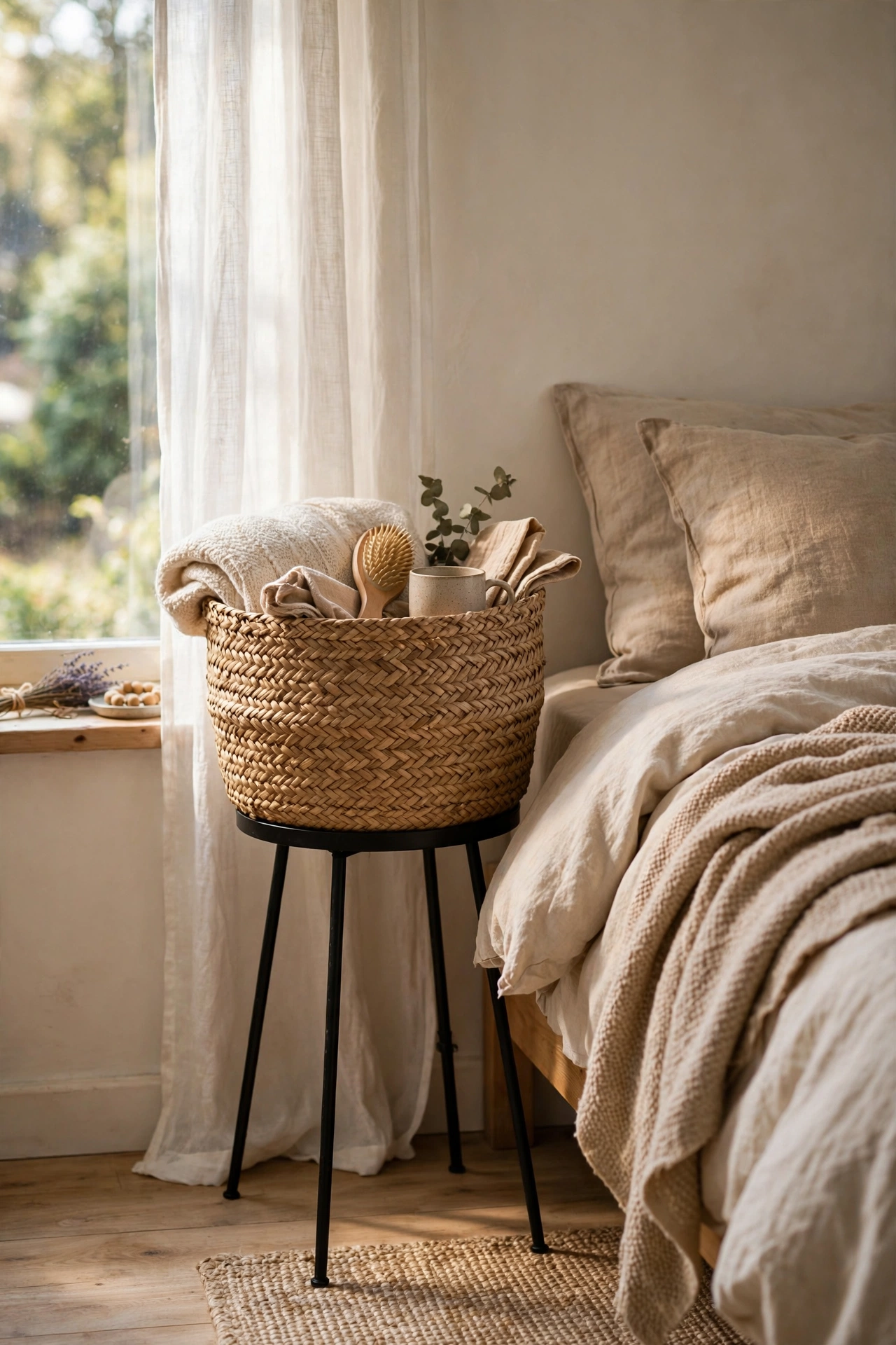 Large seagrass basket on a plant stand used as a bedside table