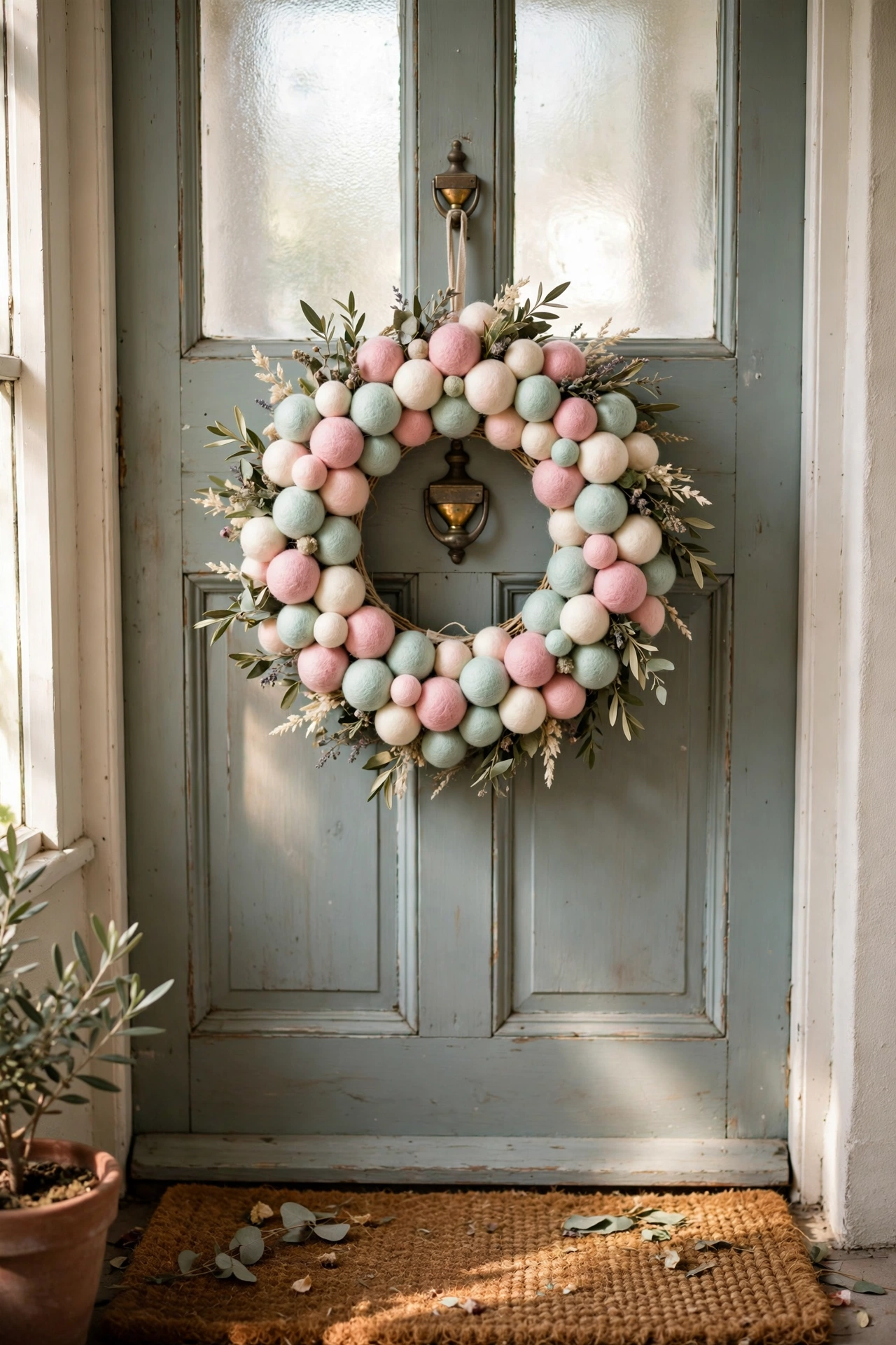 Spring wreath of pastel felt balls on a foam ring hanging on a front door