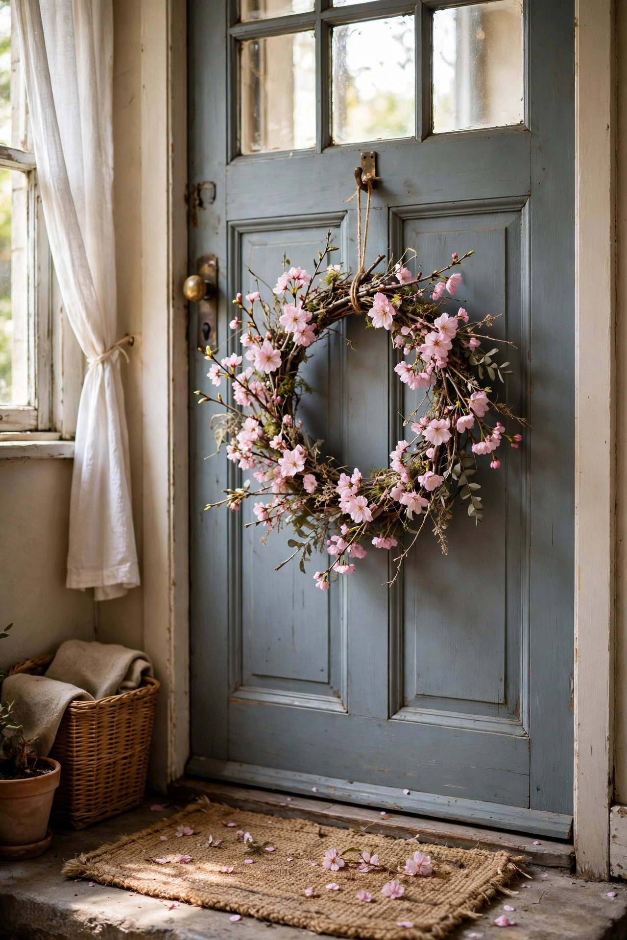 Delicate cherry blossom branch wreath hanging on a door