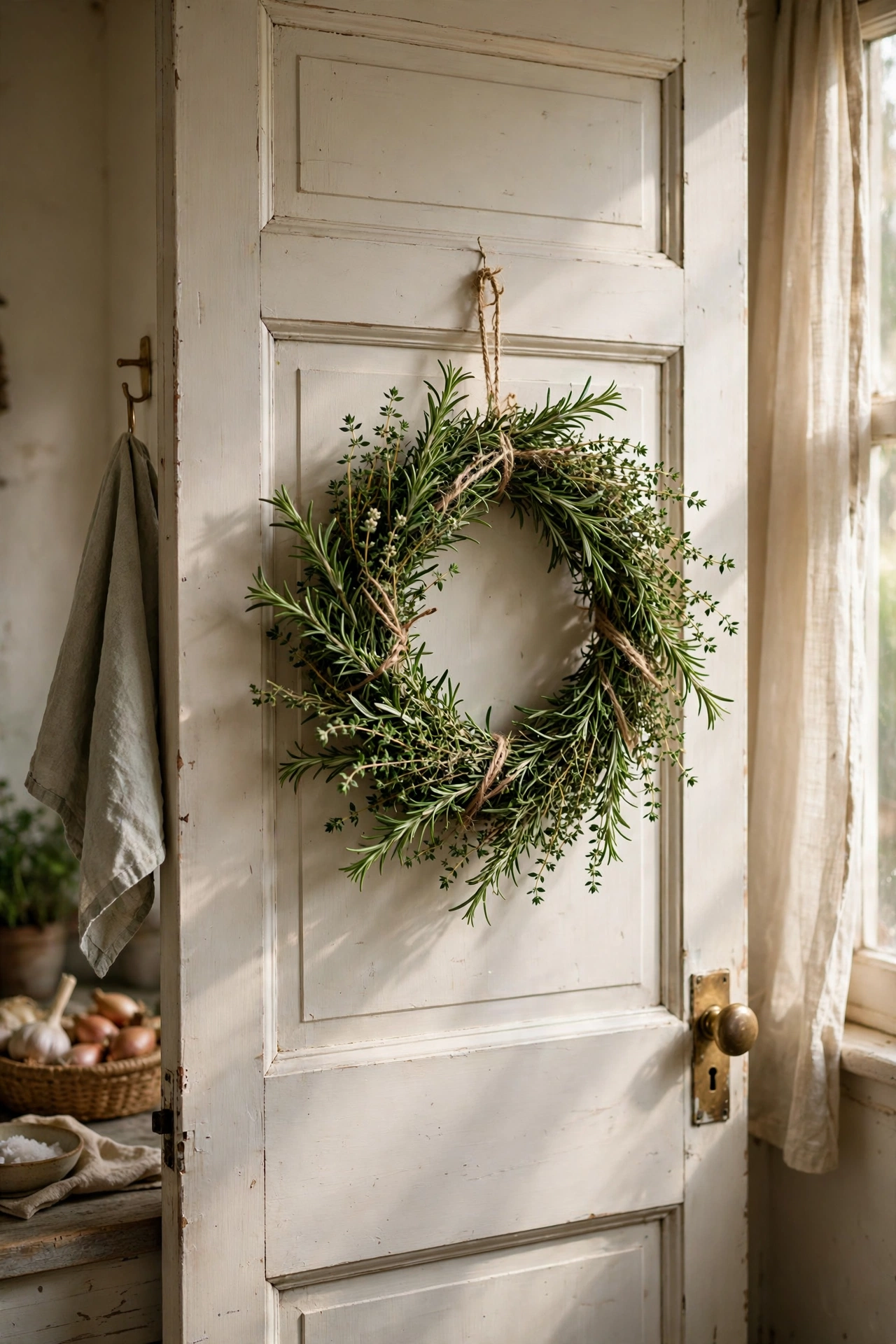 Fresh rosemary and thyme herb wreath on a kitchen door