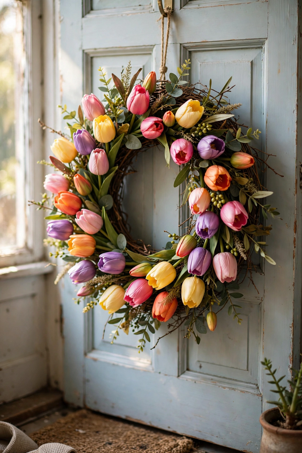 Faux tulip wreath in pink yellow and white on a grapevine base