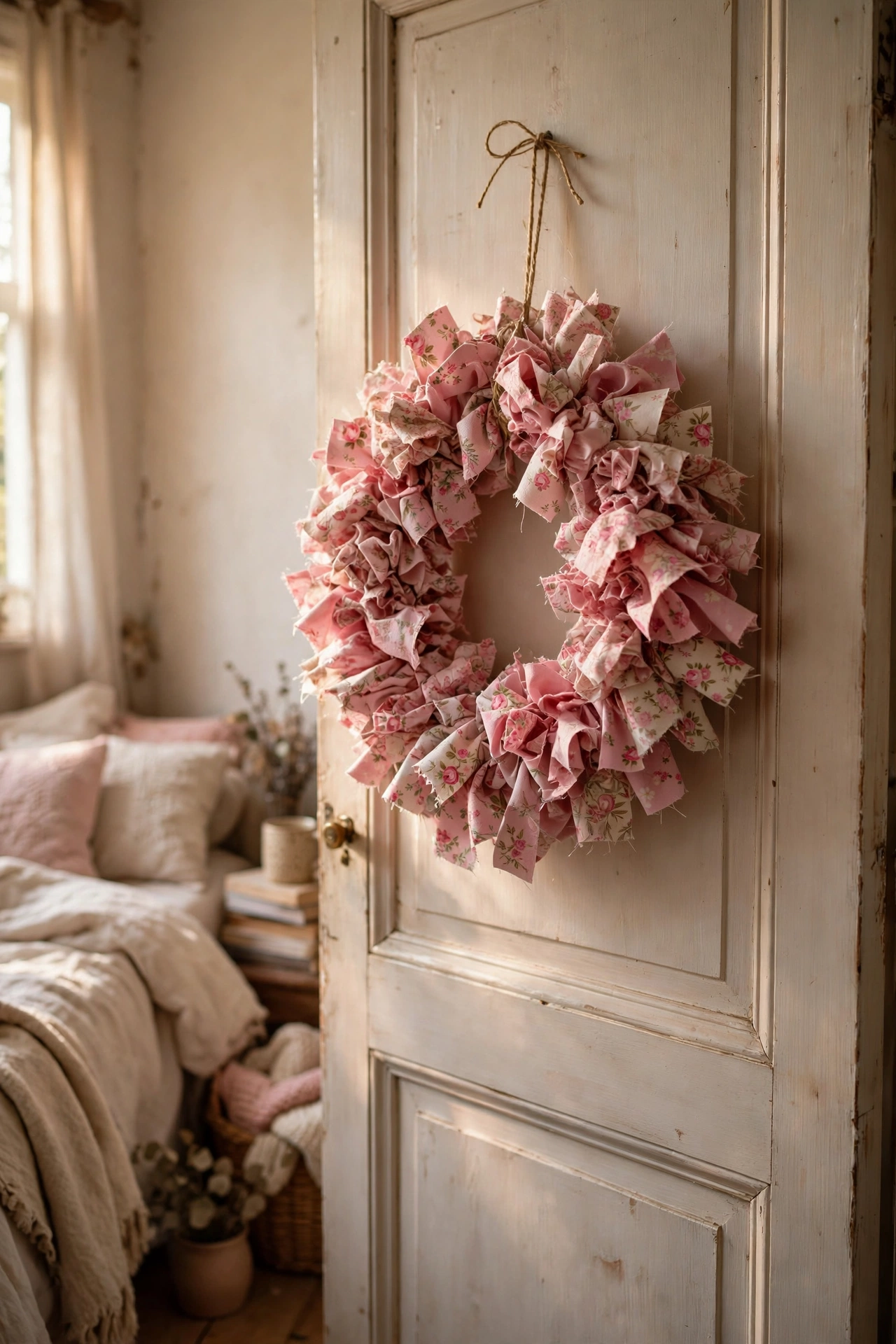 Ruffled fabric scrap wreath in pink floral cotton on a bedroom door