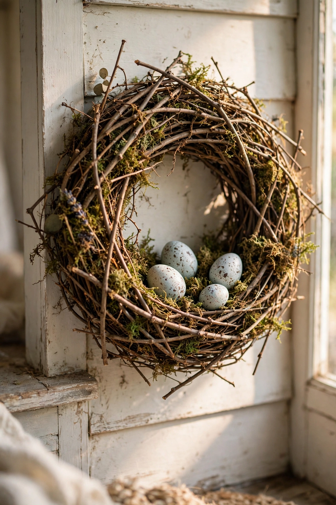 Bird's nest twig wreath with moss and speckled eggs on a porch