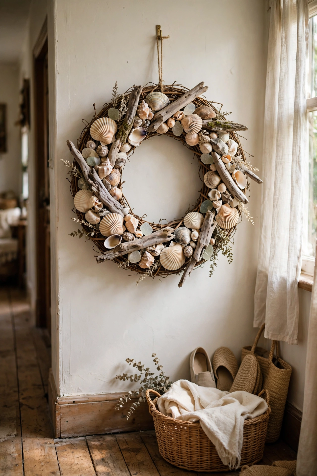 Summer wreath of seashells and driftwood on a grapevine base
