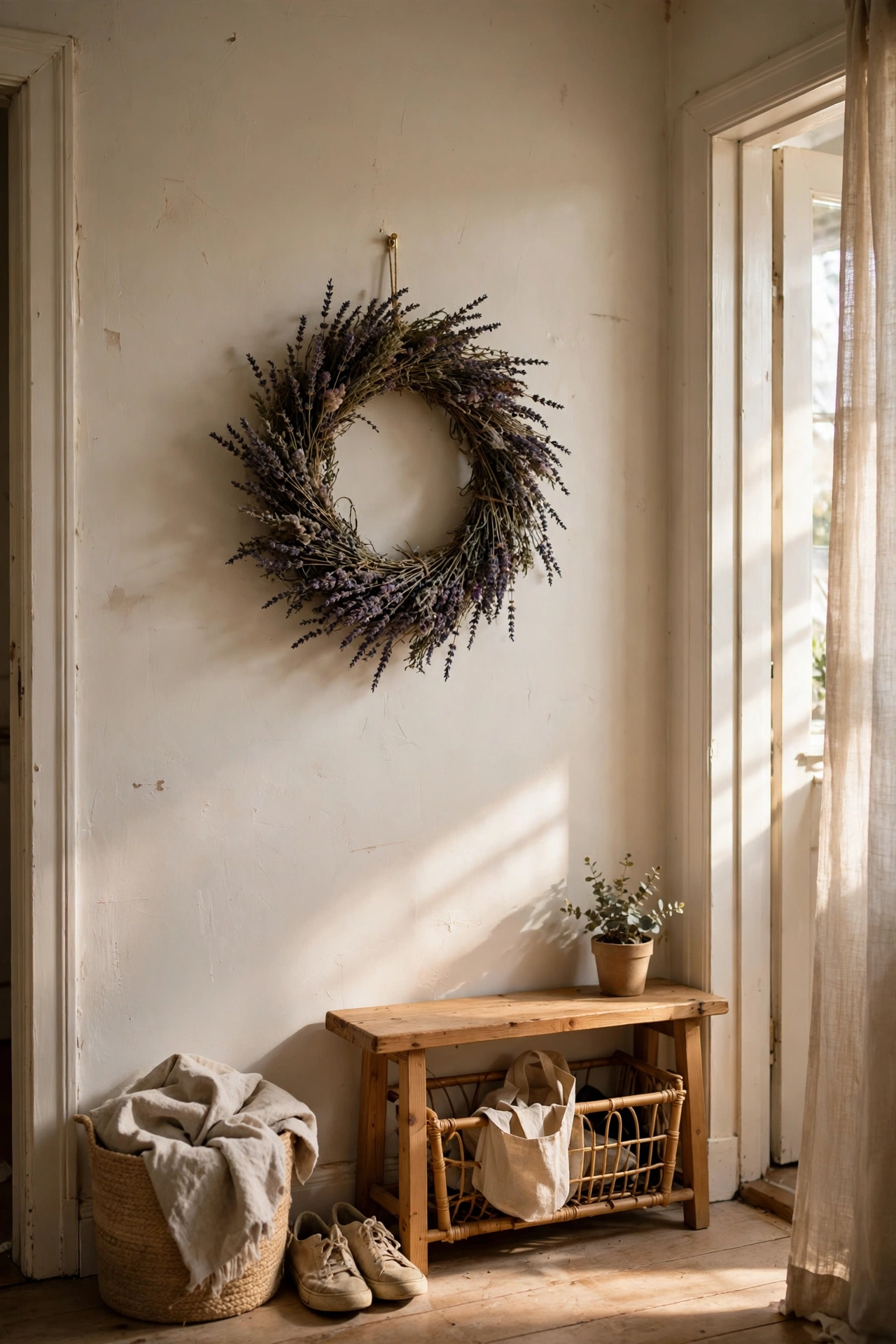Dried lavender wreath hanging in a hallway