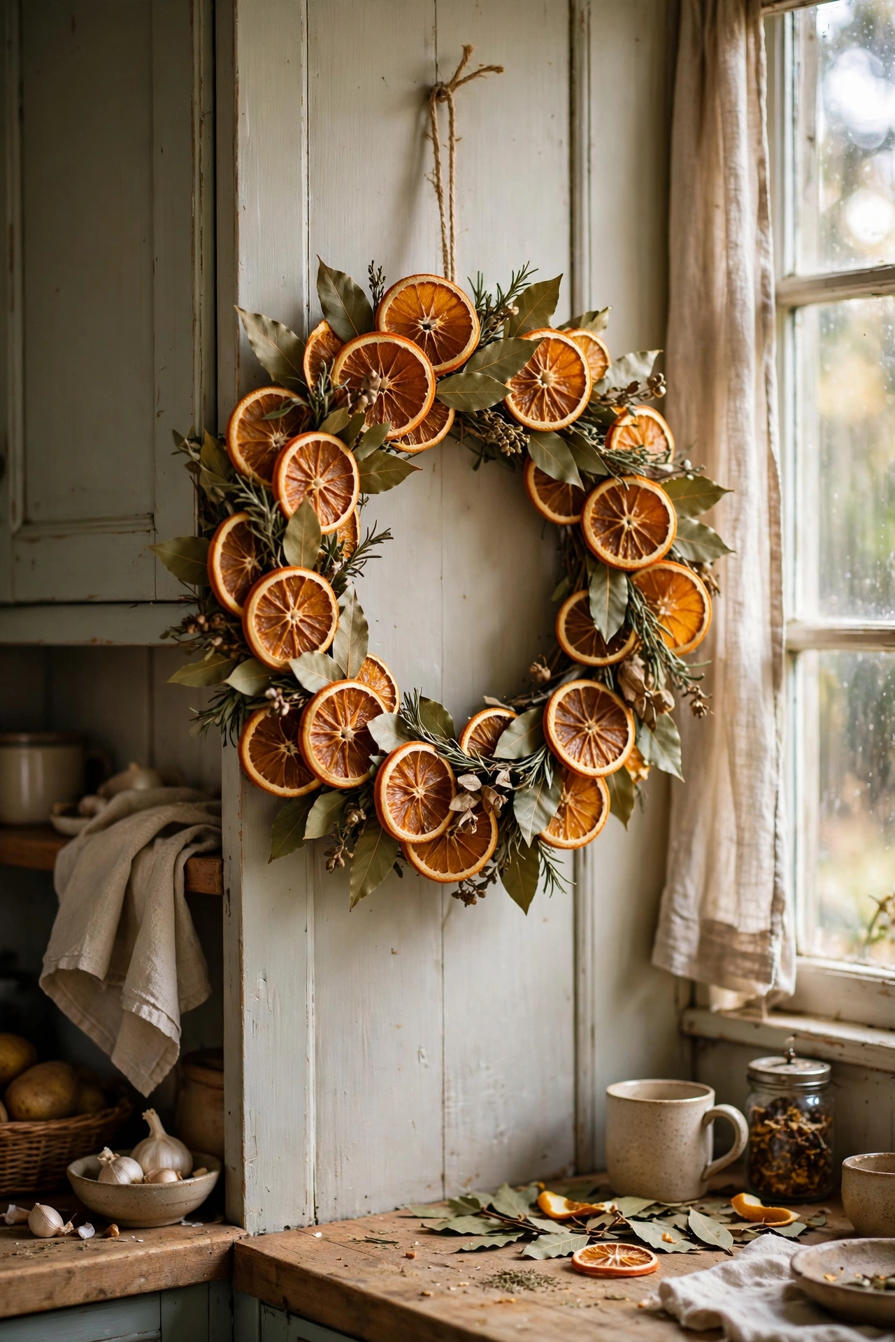 Citrus slice wreath with dried orange and bay leaves in a kitchen