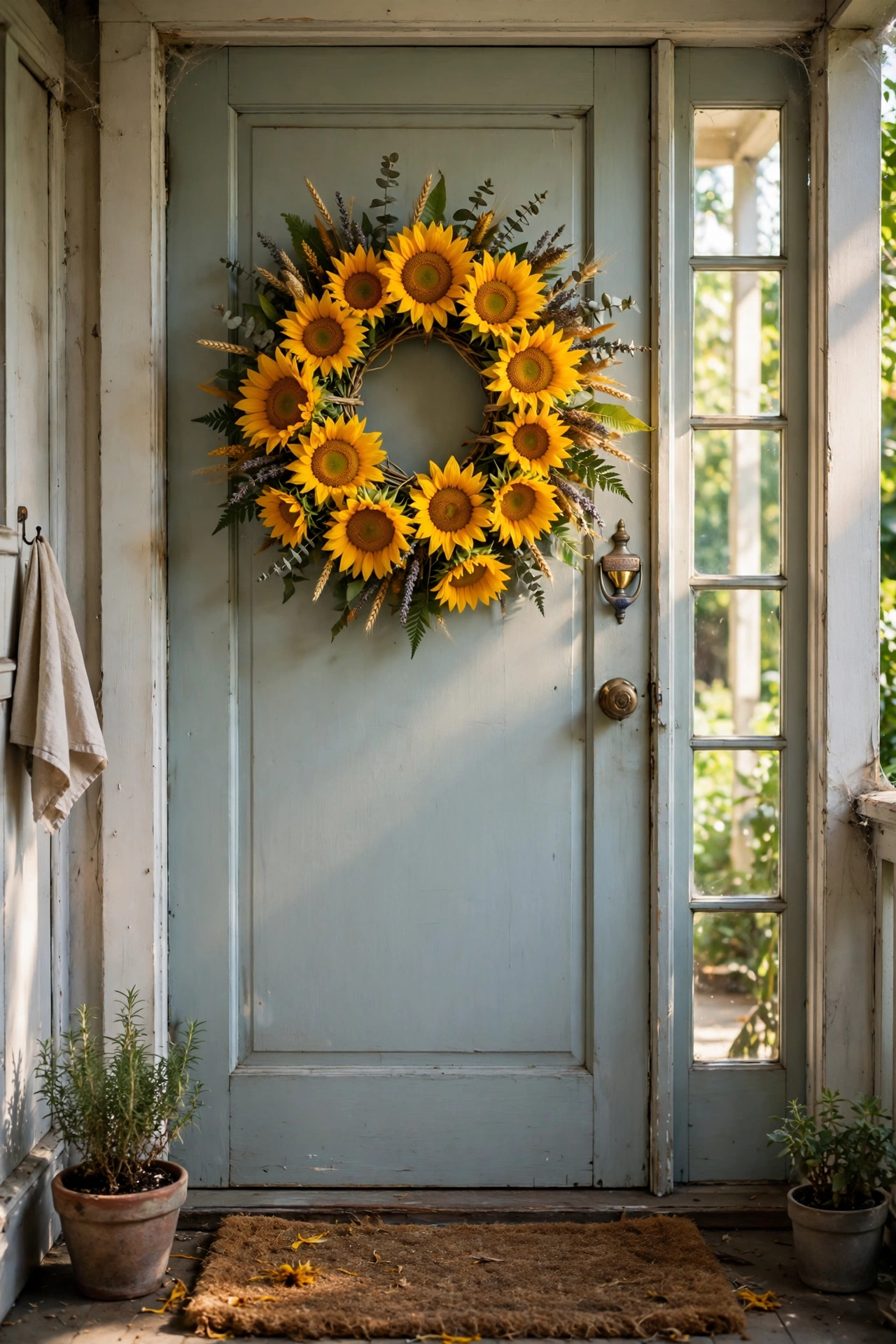 Bright sunflower head wreath on a front door in summer
