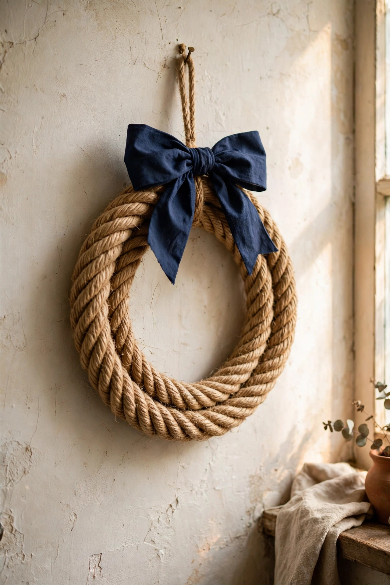 Nautical jute rope wreath with navy bow beside a bathroom mirror