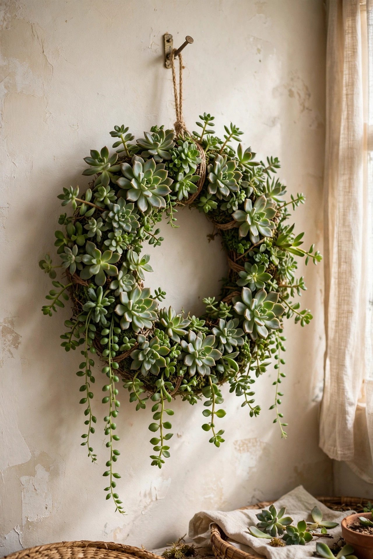 Living succulent wreath with green cuttings on a wall