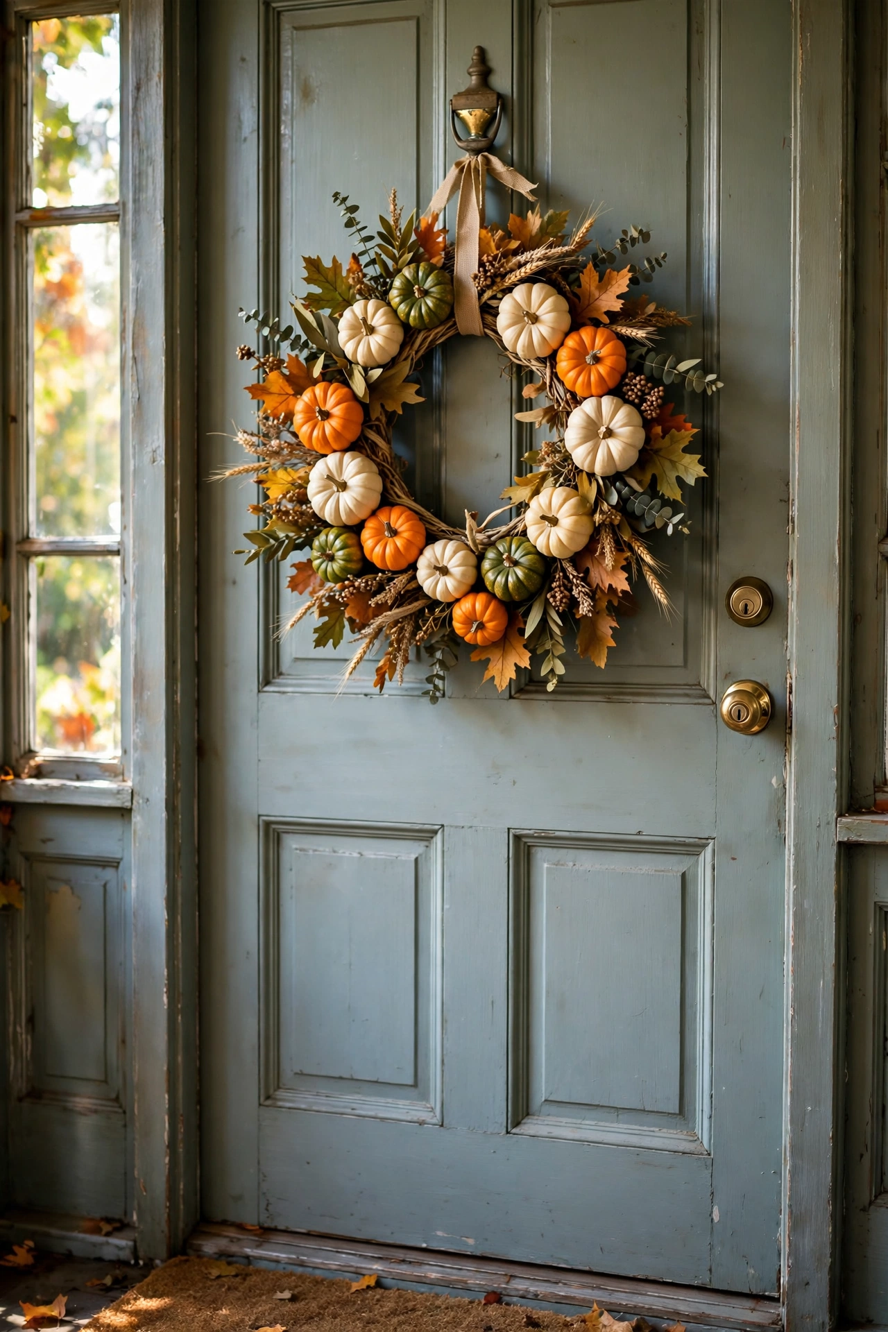 Autumn wreath of mini pumpkins in orange cream and green on a door