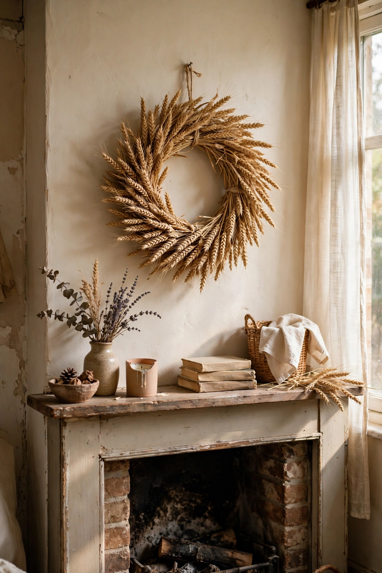 Dried wheat sheaf wreath hanging over a fireplace