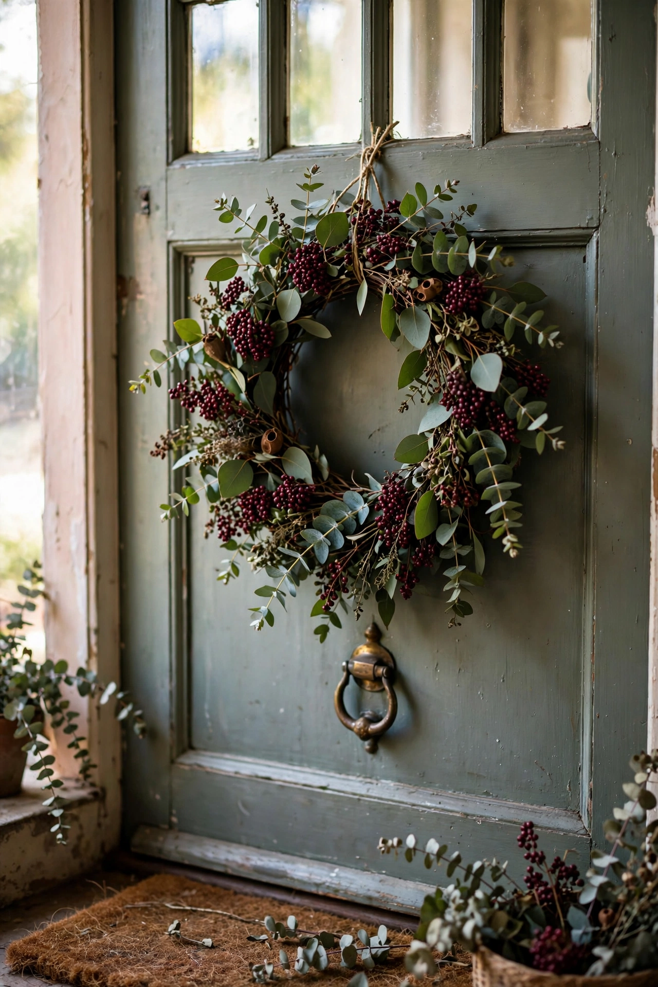 Eucalyptus and burgundy berry wreath on a front door