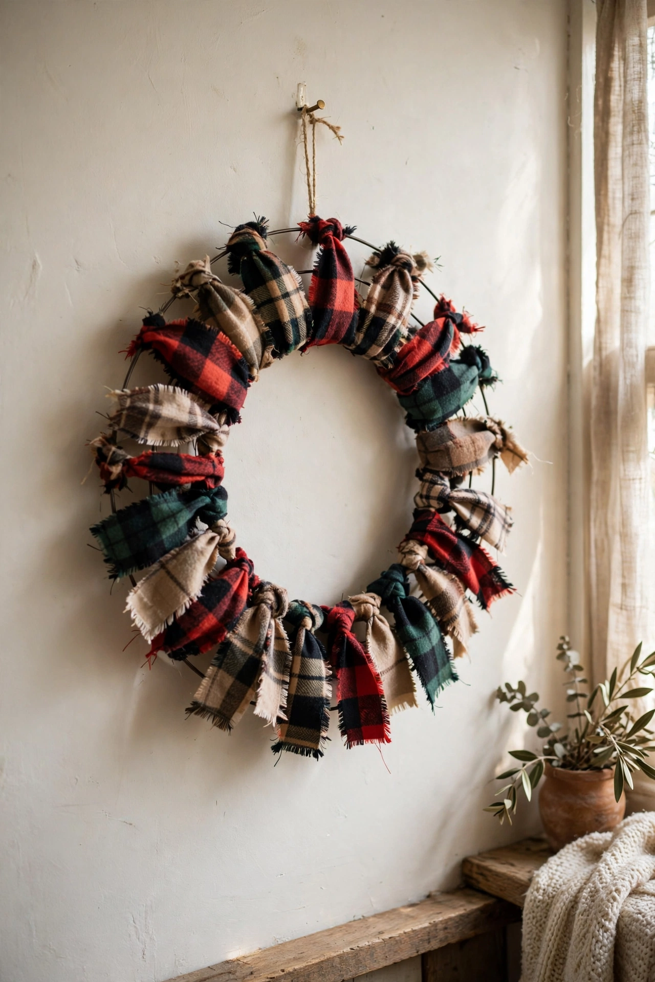 Cosy plaid flannel strip wreath on a wire frame