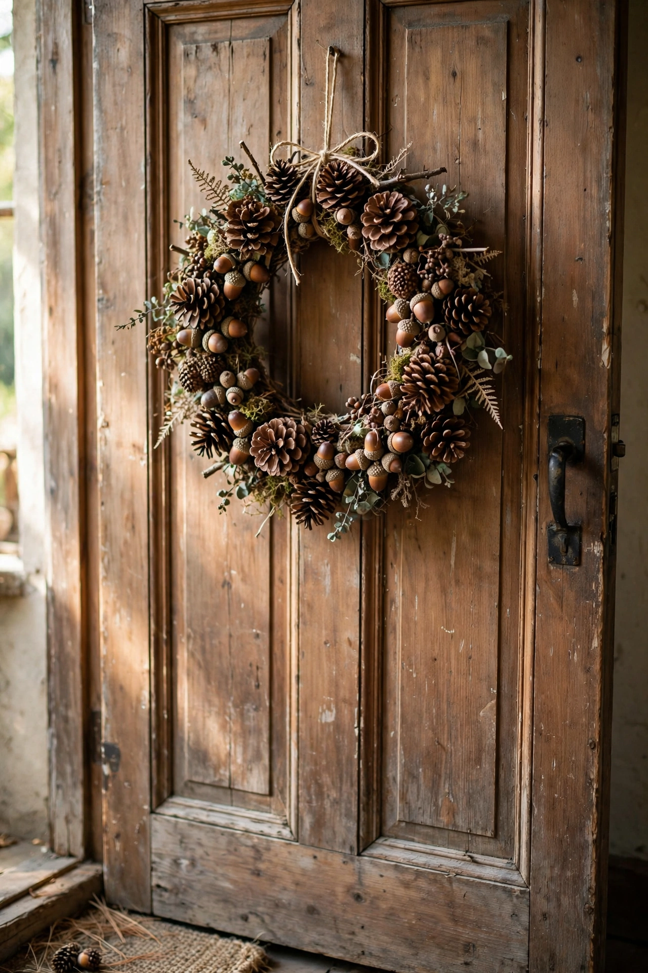 Woodland pinecone and acorn wreath on a shed door