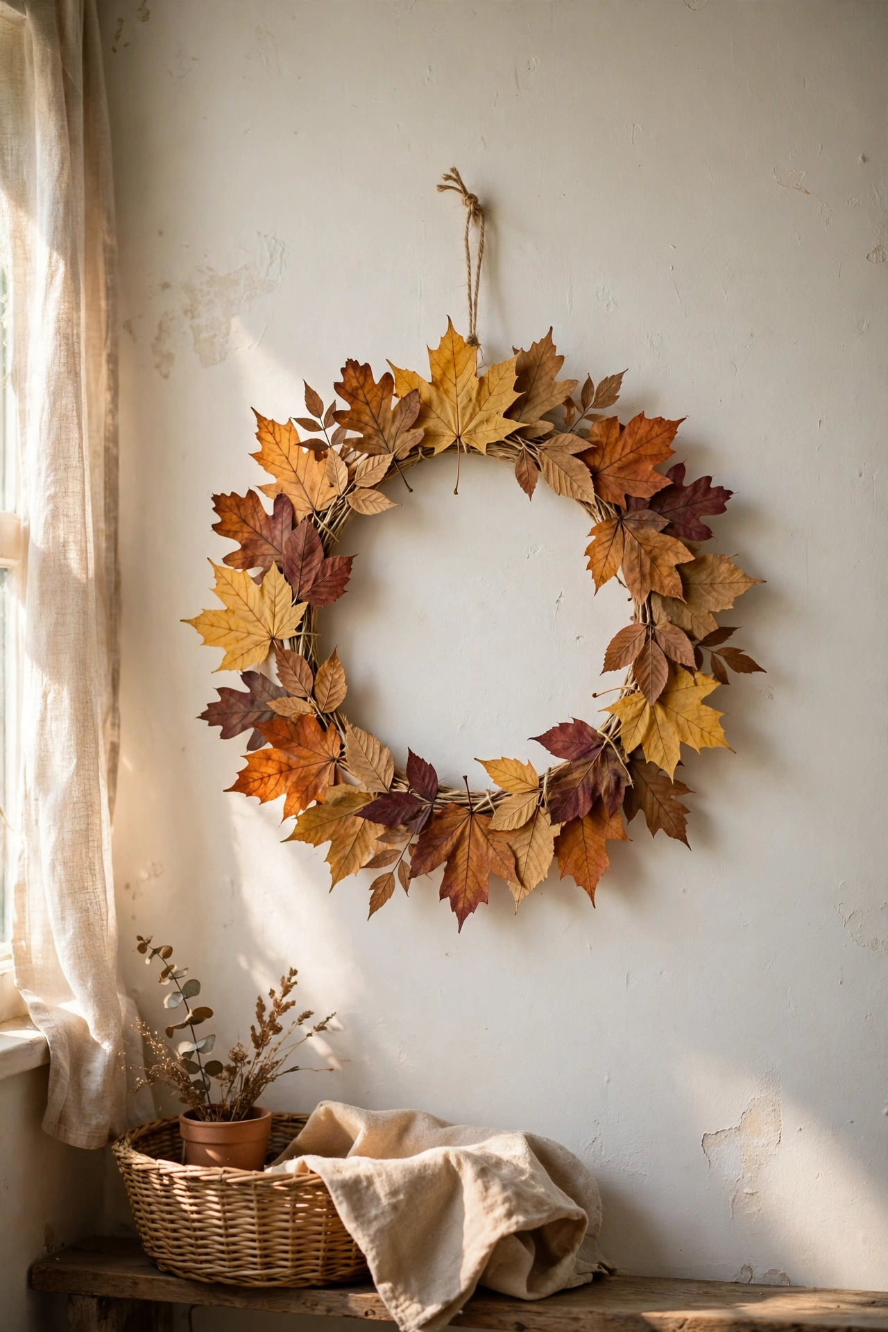 Delicate pressed autumn leaf wreath on a cardboard ring