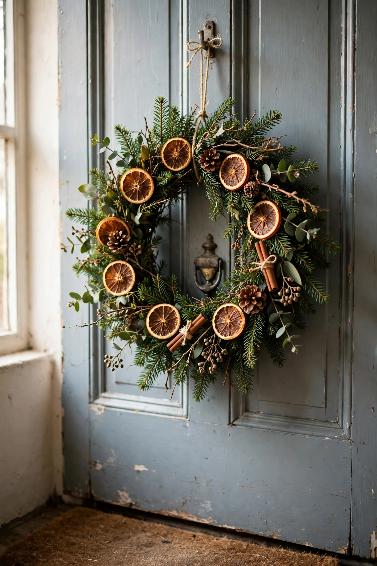 Christmas wreath of fresh evergreen and dried orange slices