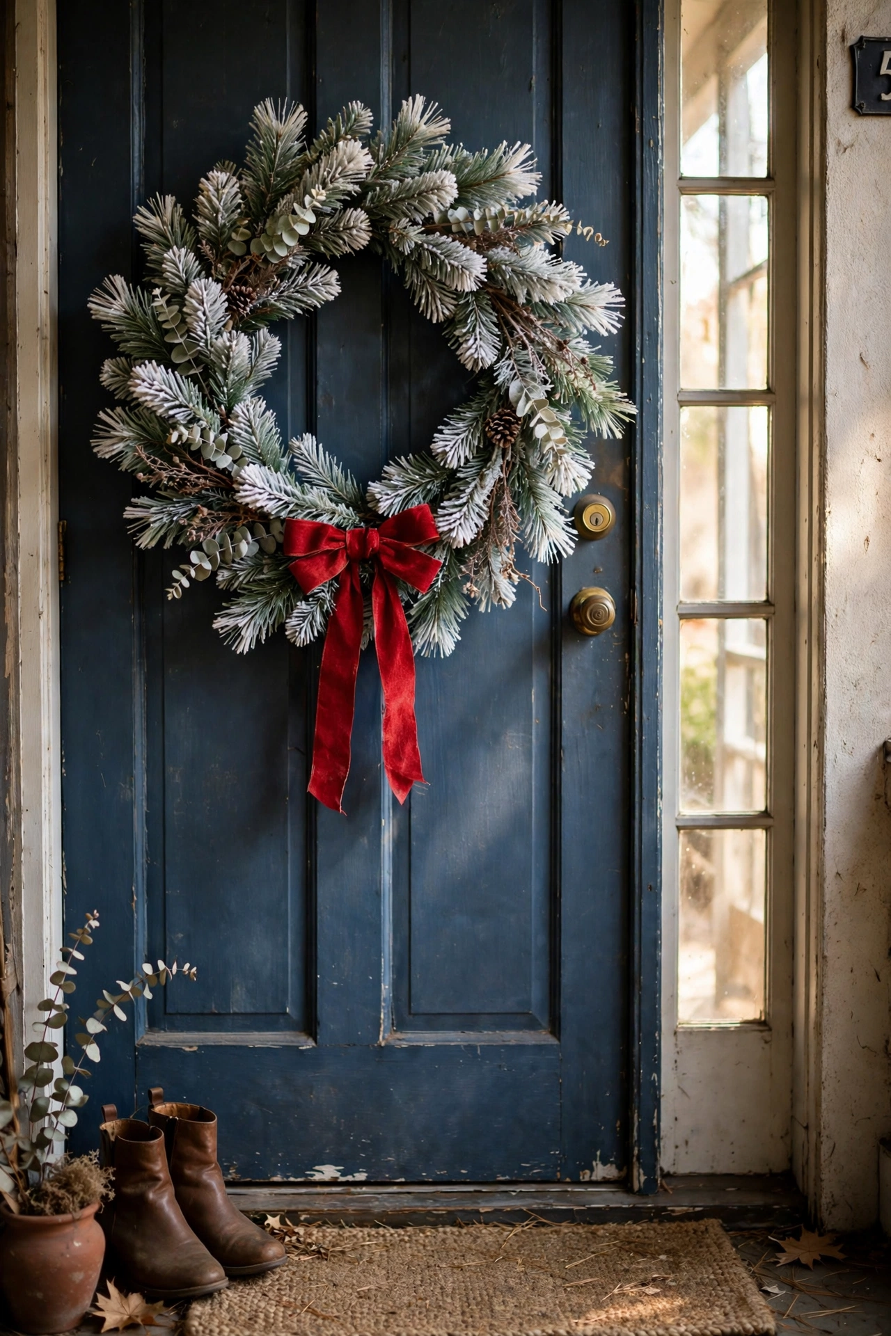 Frosted faux pine wreath with white tips and red bow on a door
