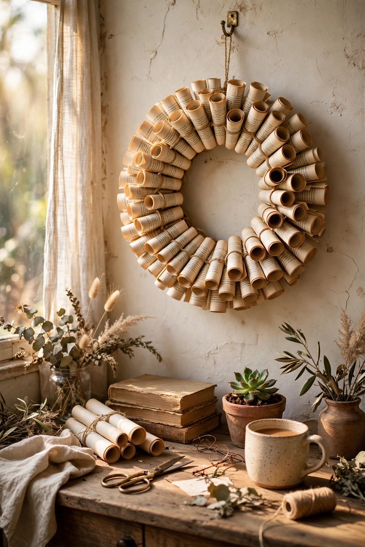 Sculptural book page cone wreath above a desk