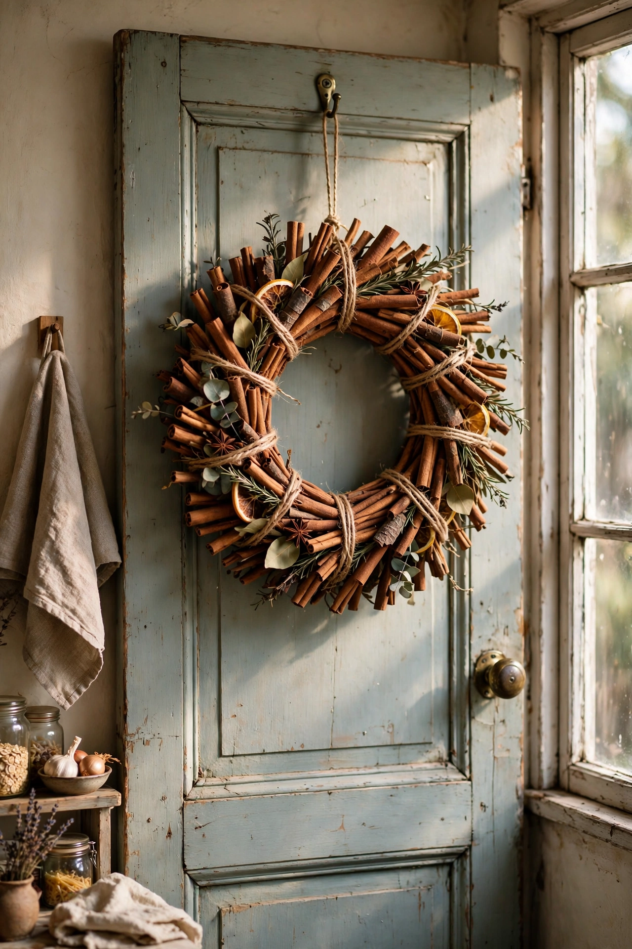 Rustic cinnamon stick bundle wreath on a kitchen door