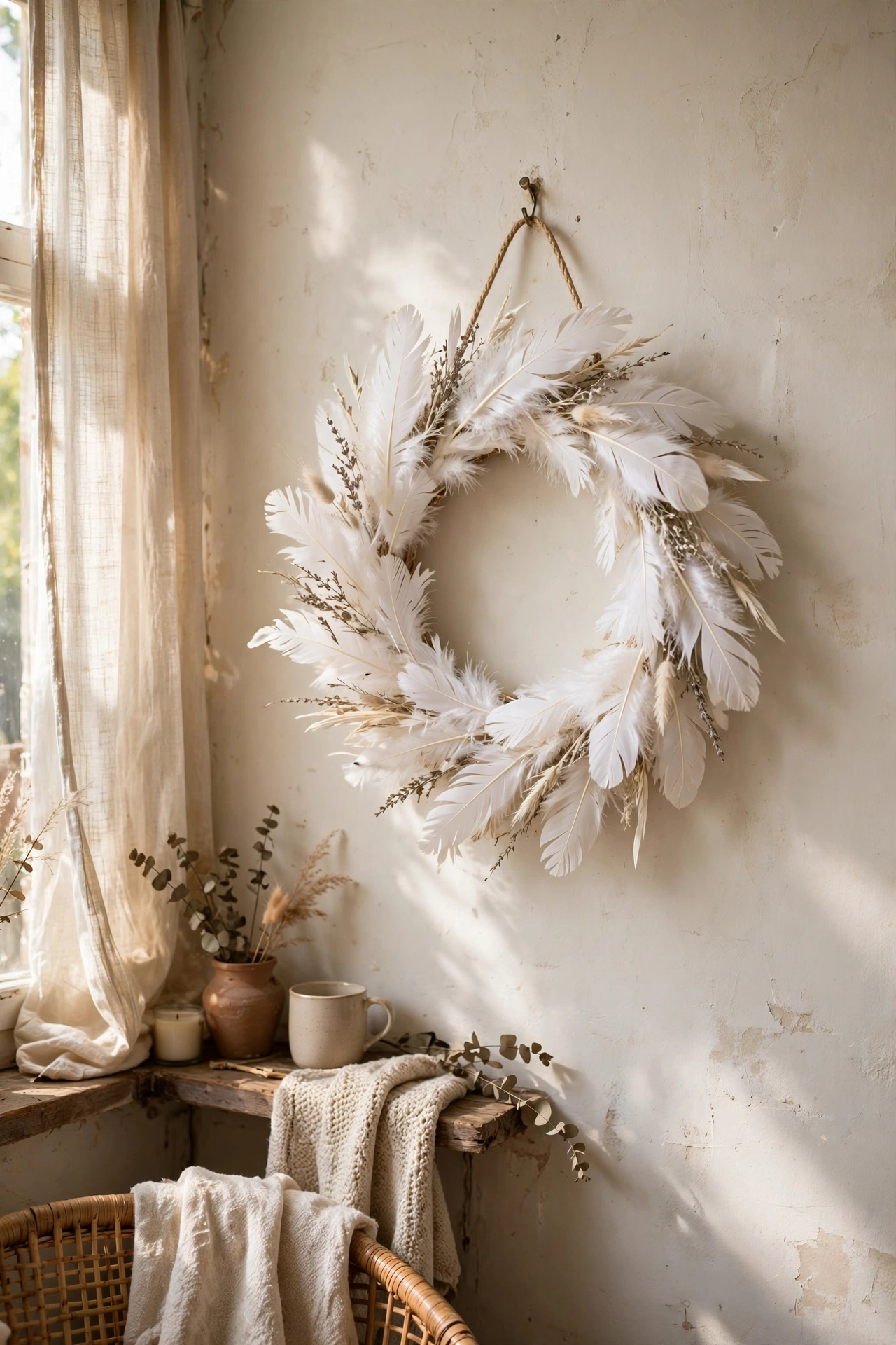 Elegant white feather wreath hanging on an interior wall