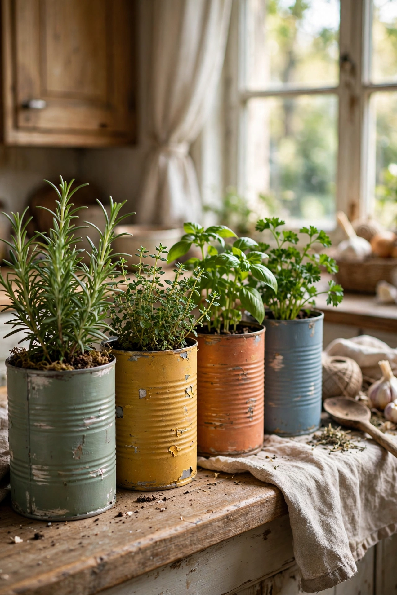 Painted tin cans as herb planters lined up on a kitchen windowsill