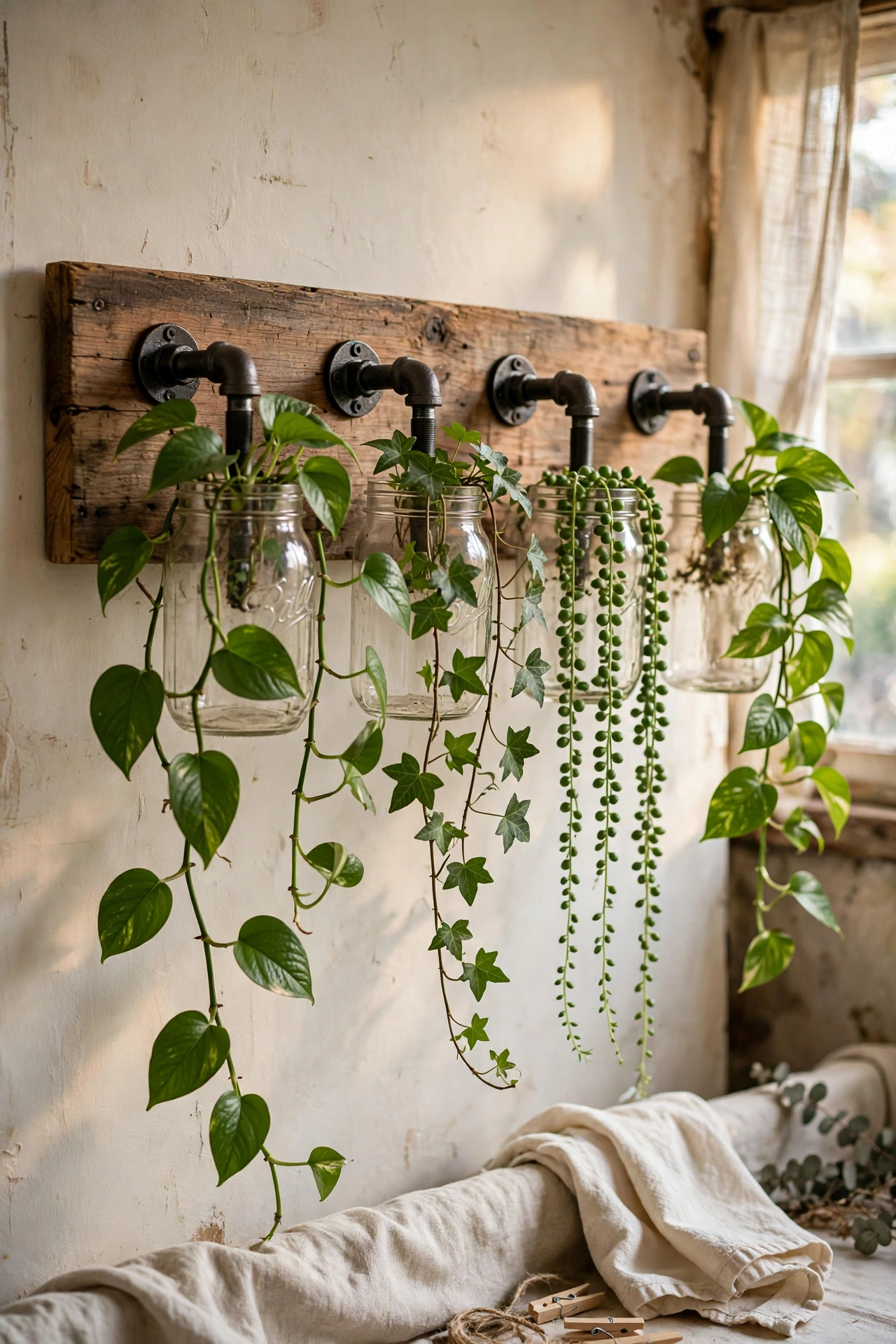 Mason jars clamped to a wooden board as wall planters with trailing plants