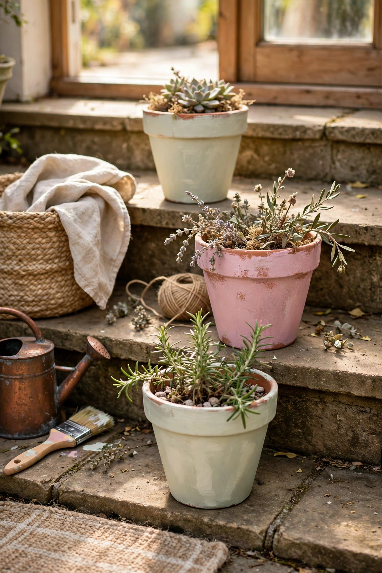 Terracotta pots painted with chalk paint in sage cream and dusty pink