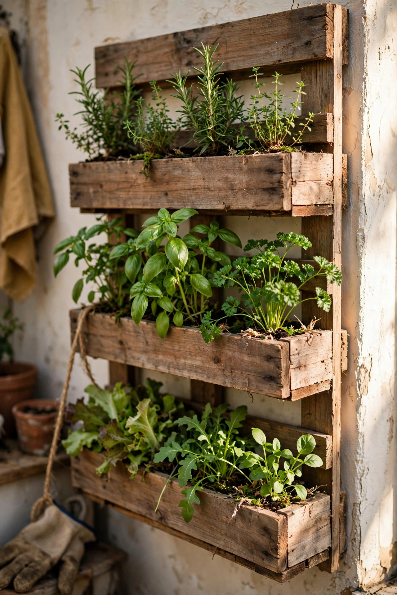 Wooden pallet vertical garden with herbs and salad leaves on a wall