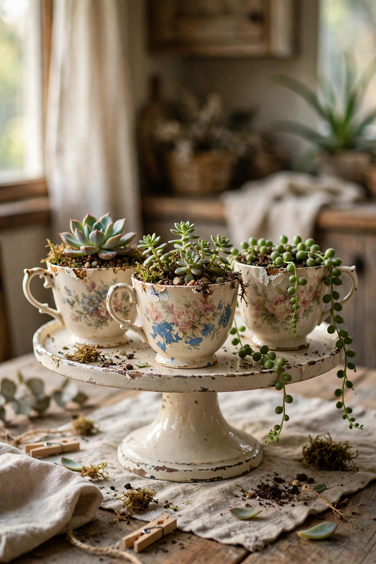 Chipped teacups planted with succulents displayed on a cake stand